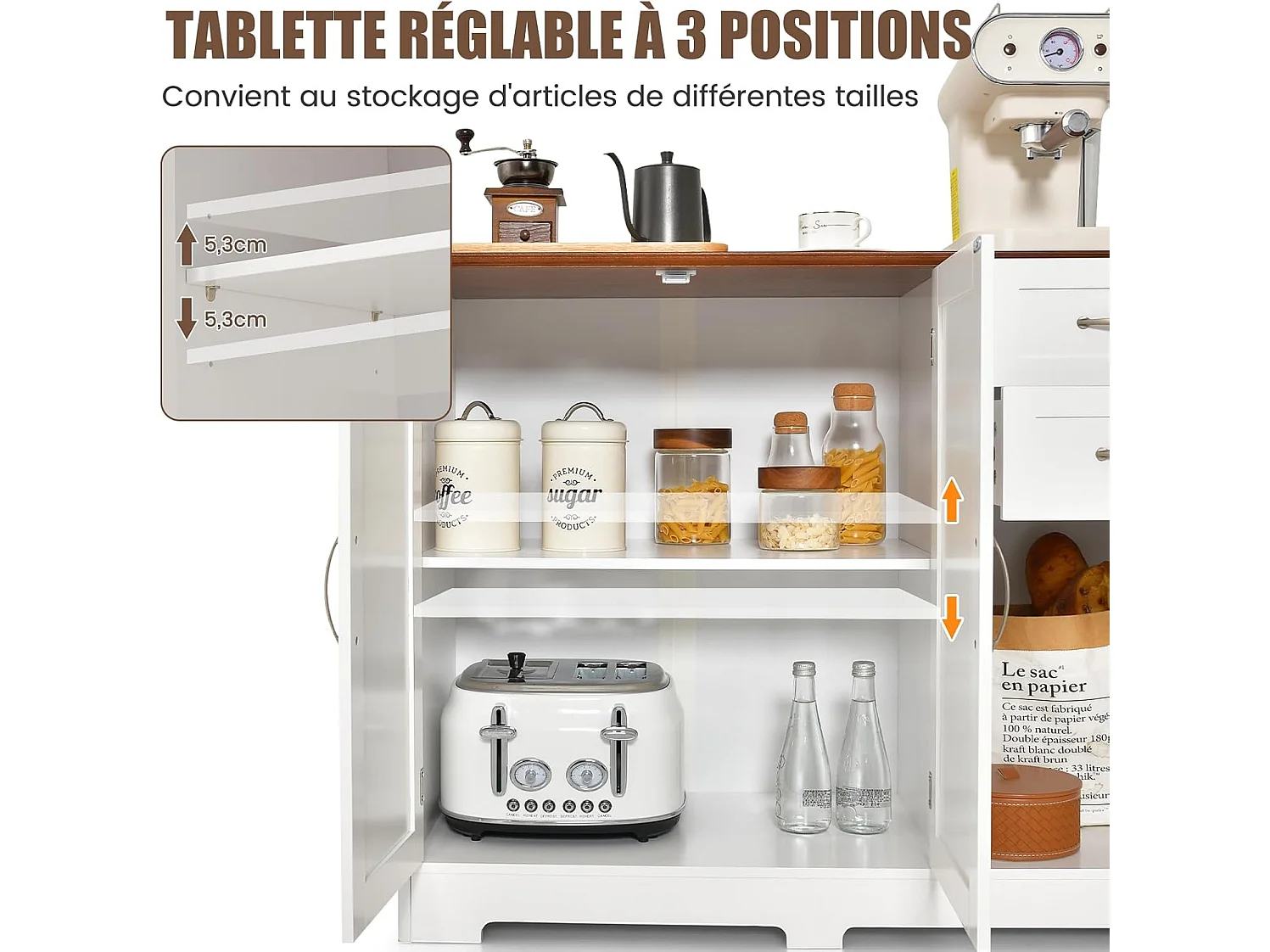 Buffet Cuisine, Armoire de Cuisine 2 Placards 2 Tiroirs, Étagère Réglable, Meuble Bas Cuisine pour Salon, Meuble de Rangement, Blanc, 100 x 40 x 78 cm (Blanc)