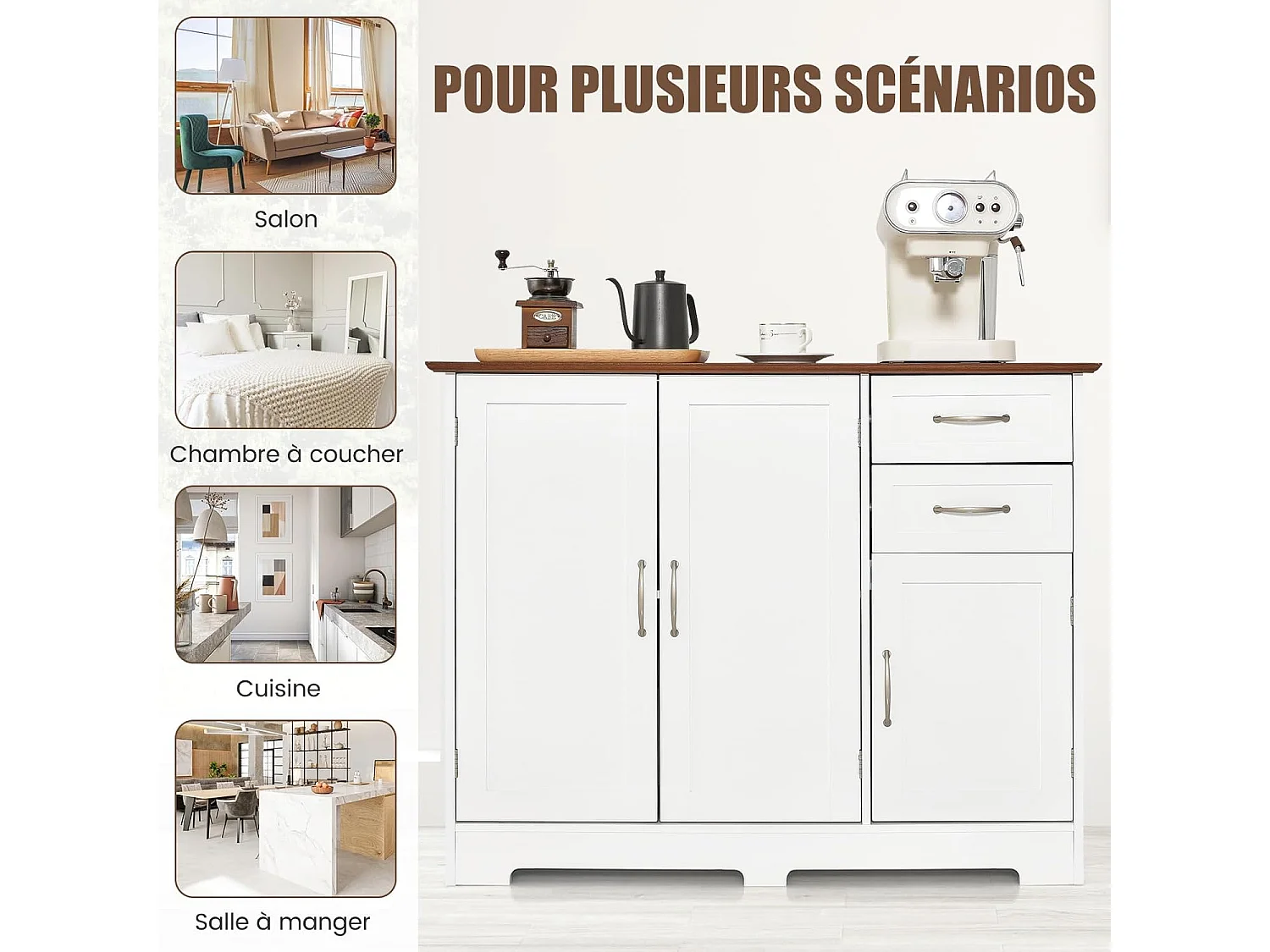 Buffet Cuisine, Armoire de Cuisine 2 Placards 2 Tiroirs, Étagère Réglable, Meuble Bas Cuisine pour Salon, Meuble de Rangement, Blanc, 100 x 40 x 78 cm (Blanc)