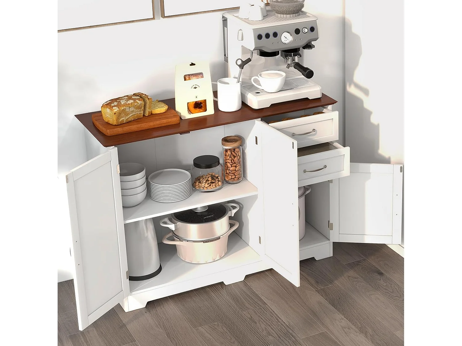 Buffet Cuisine, Armoire de Cuisine 2 Placards 2 Tiroirs, Étagère Réglable, Meuble Bas Cuisine pour Salon, Meuble de Rangement, Blanc, 100 x 40 x 78 cm (Blanc)
