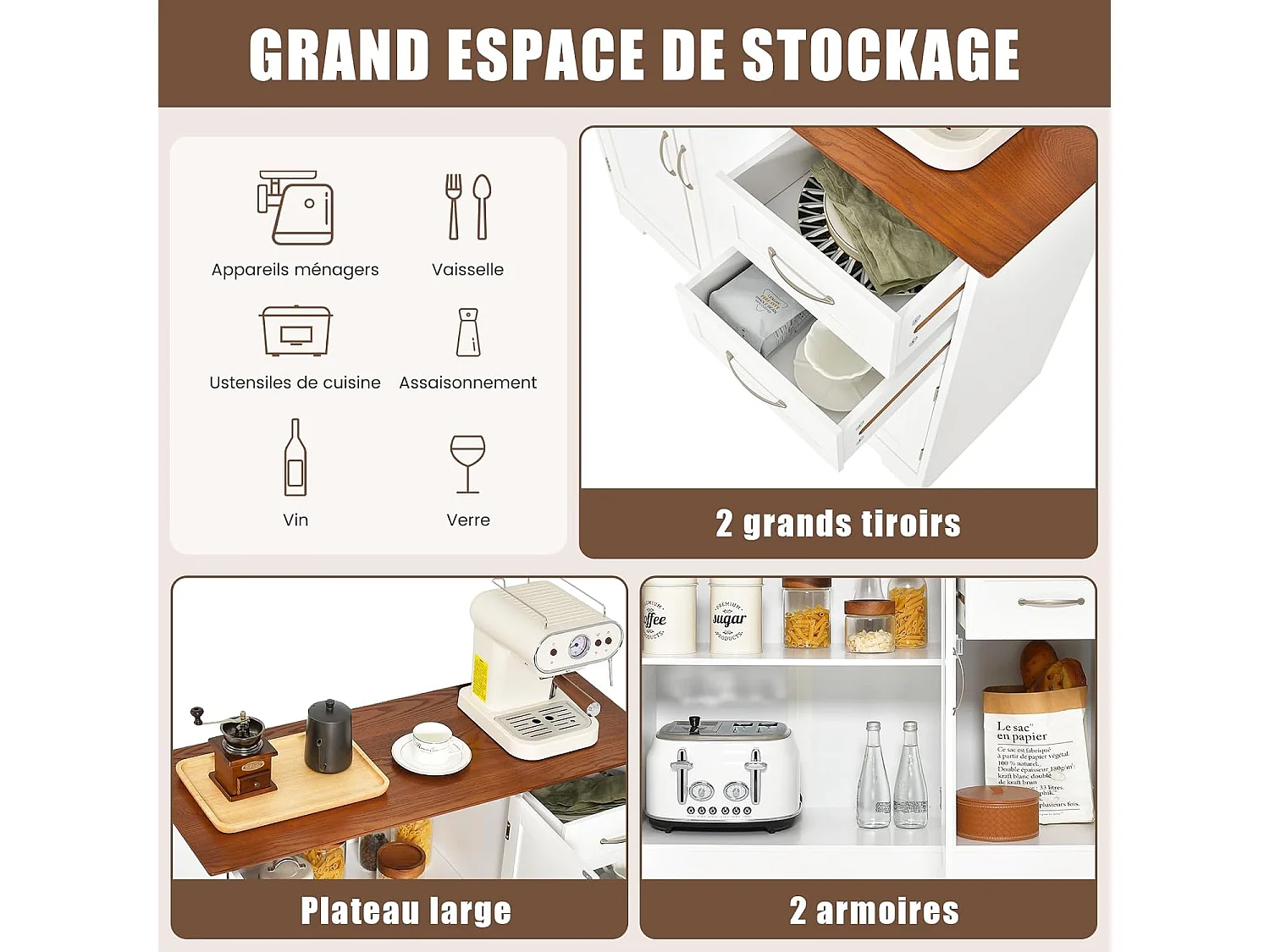 Buffet Cuisine, Armoire de Cuisine 2 Placards 2 Tiroirs, Étagère Réglable, Meuble Bas Cuisine pour Salon, Meuble de Rangement, Blanc, 100 x 40 x 78 cm (Blanc)
