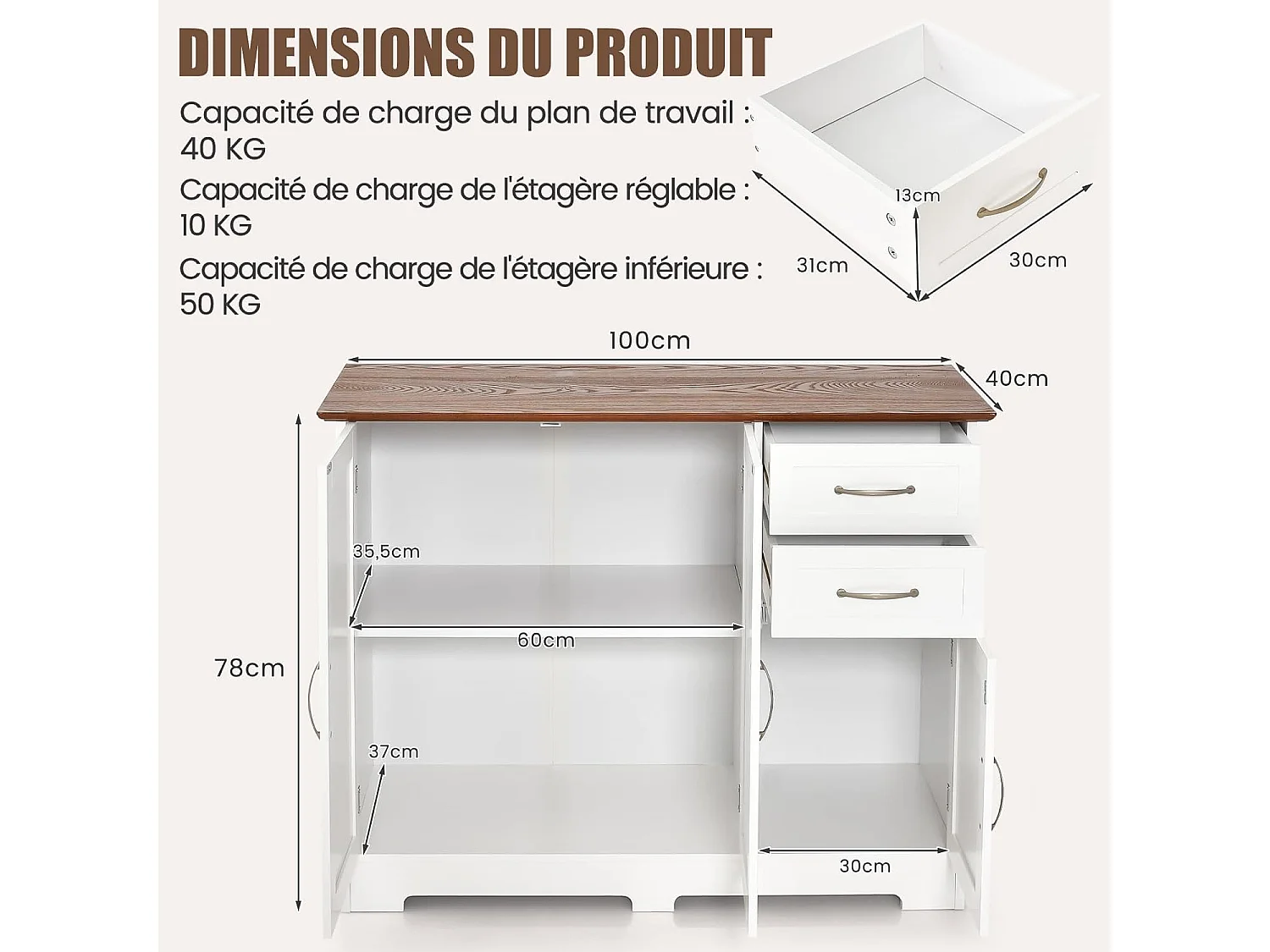 Buffet Cuisine, Armoire de Cuisine 2 Placards 2 Tiroirs, Étagère Réglable, Meuble Bas Cuisine pour Salon, Meuble de Rangement, Blanc, 100 x 40 x 78 cm (Blanc)