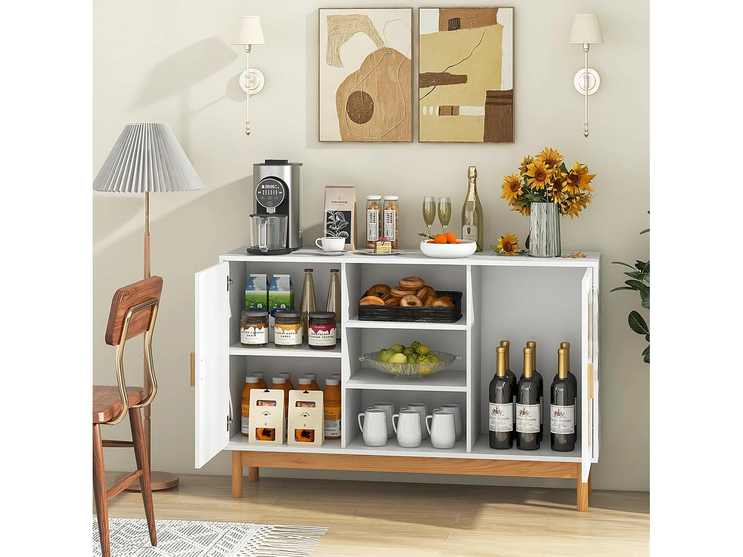 Buffet de cuisine, armoire cuisine avec 2 portes tressées en bambou 120 x 35 x 78 cm