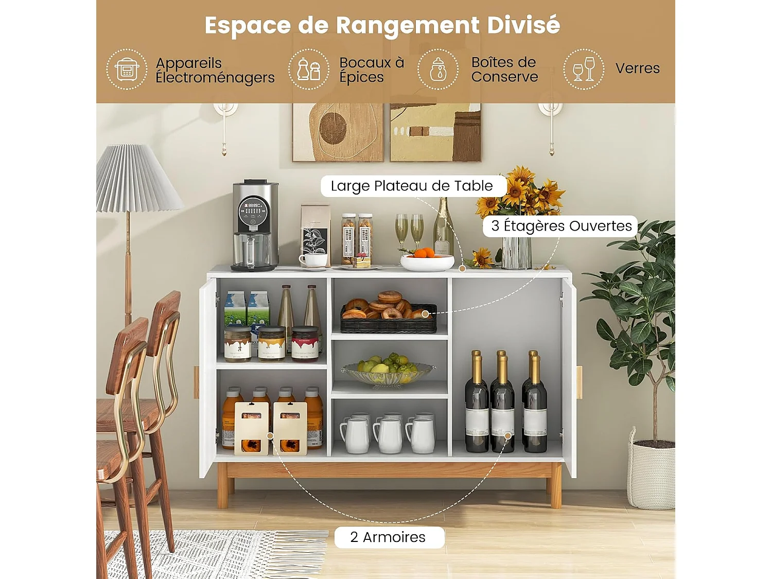 Buffet de cuisine, armoire cuisine avec 2 portes tressées en bambou 120 x 35 x 78 cm