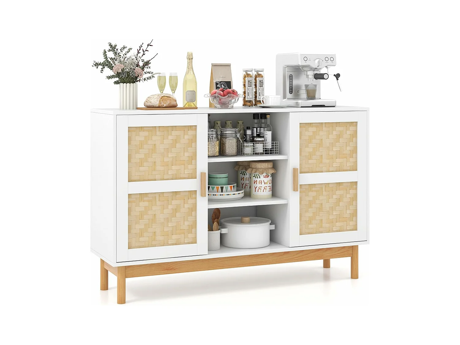 Buffet de cuisine, armoire cuisine avec 2 portes tressées en bambou 120 x 35 x 78 cm