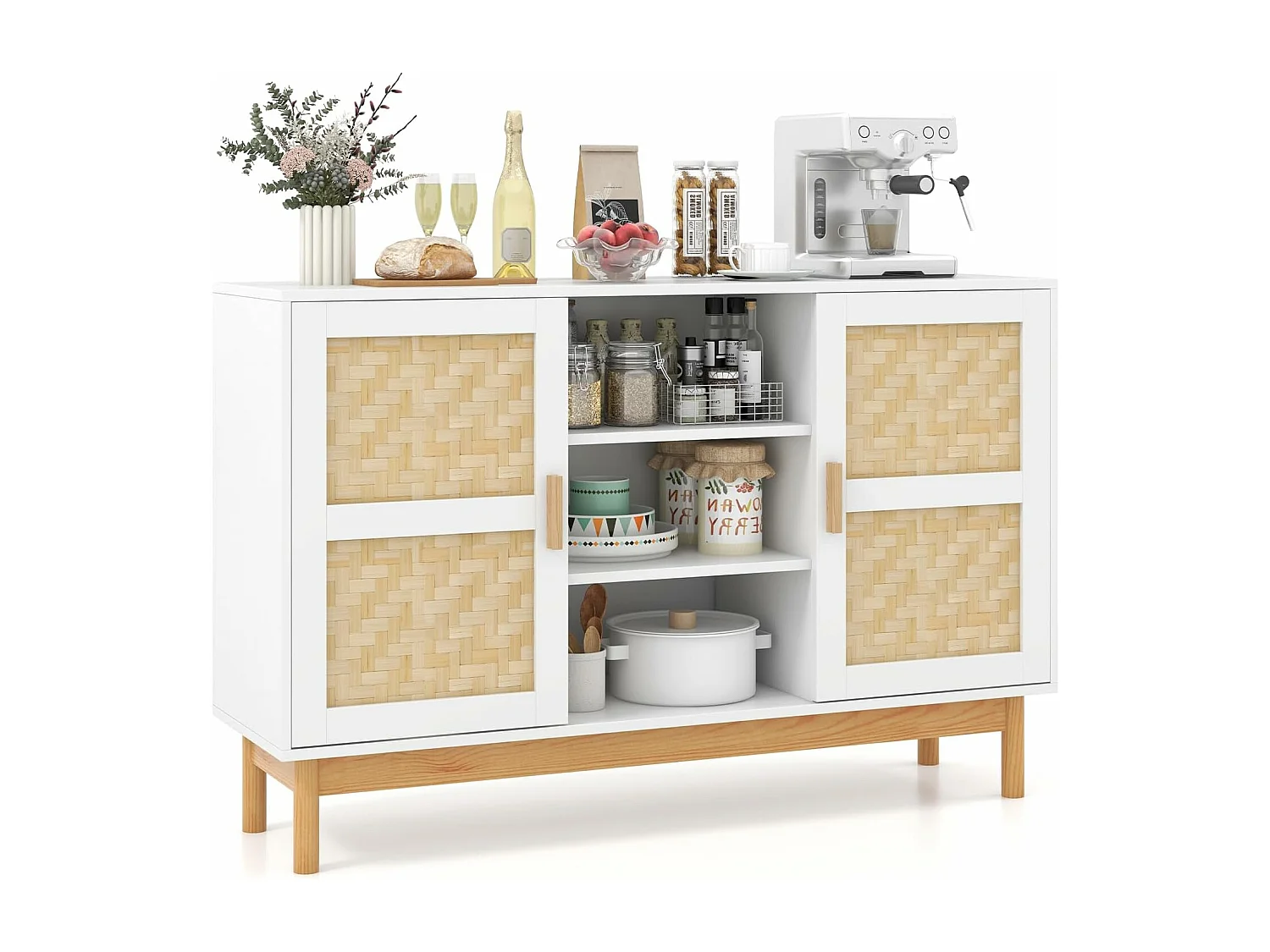 Buffet de cuisine, armoire cuisine avec 2 portes tressées en bambou 120 x 35 x 78 cm