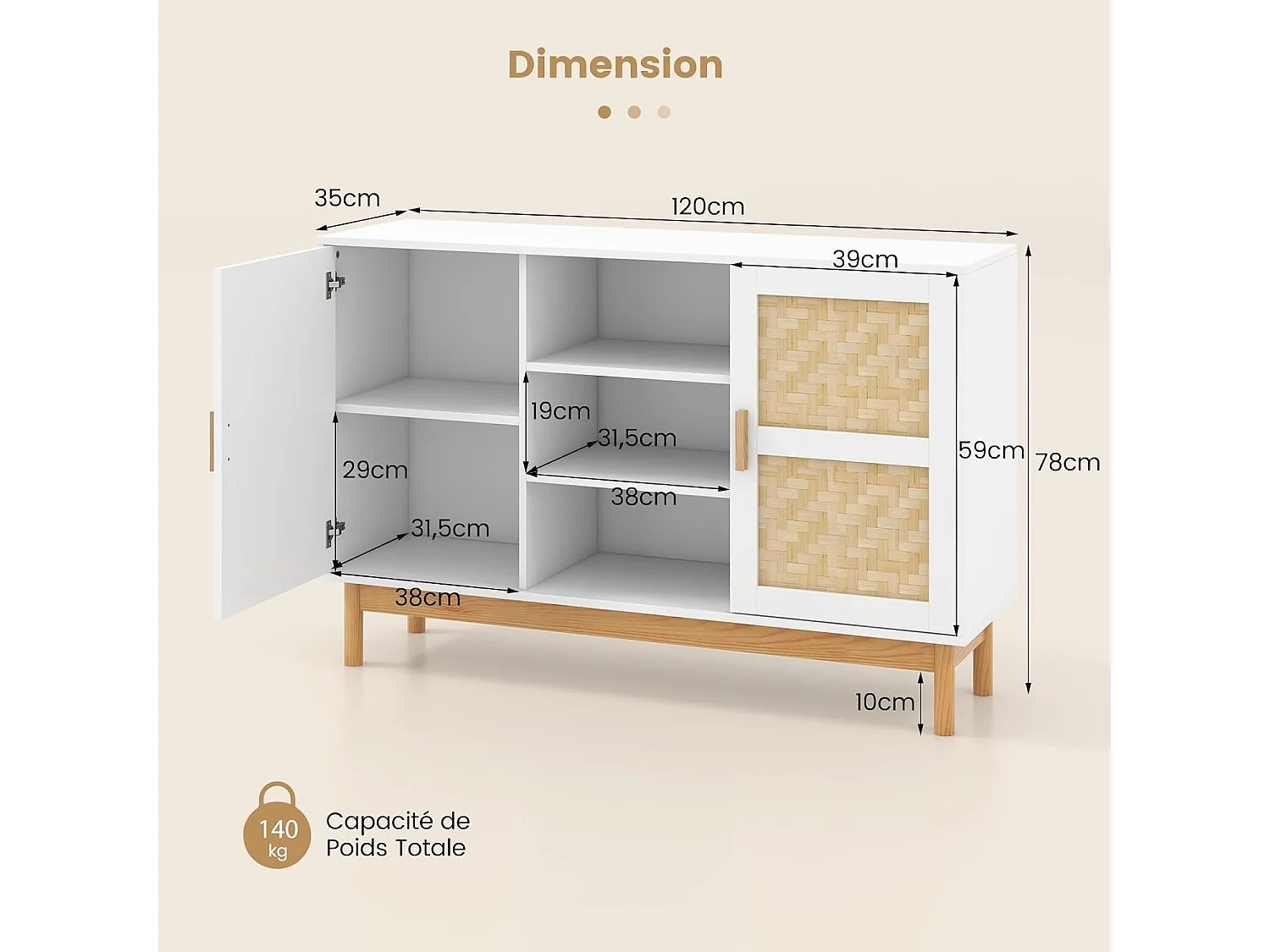Buffet de cuisine, armoire cuisine avec 2 portes tressées en bambou 120 x 35 x 78 cm