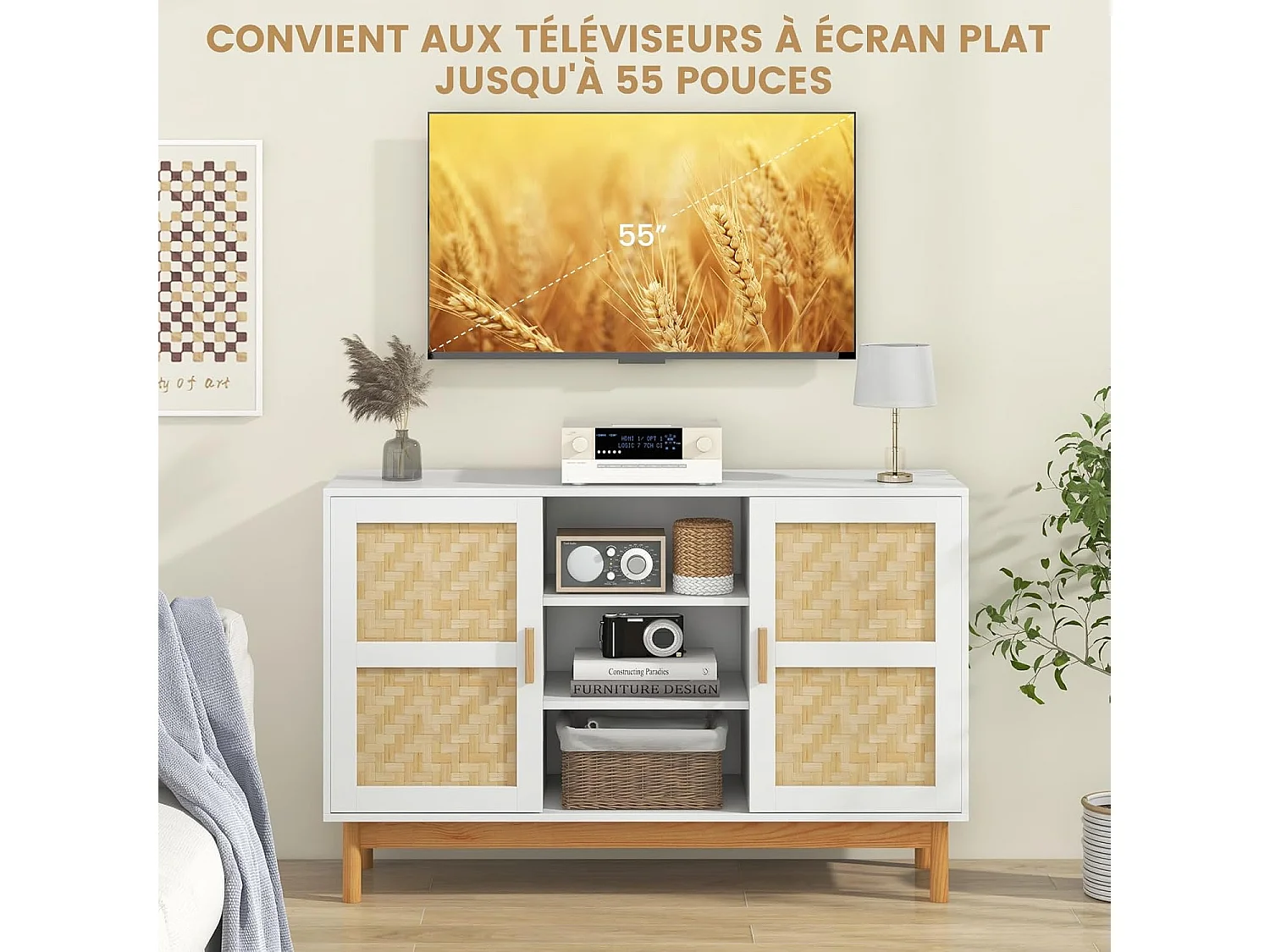 Buffet de cuisine, armoire cuisine avec 2 portes tressées en bambou 120 x 35 x 78 cm