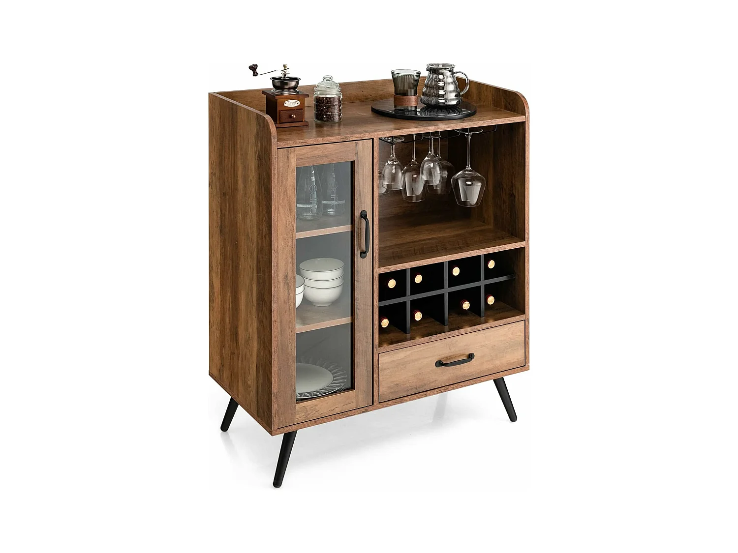 Buffet cuisine à porte vitrée avec tiroir 5 compartiments, 80x40x95cm, cuisine