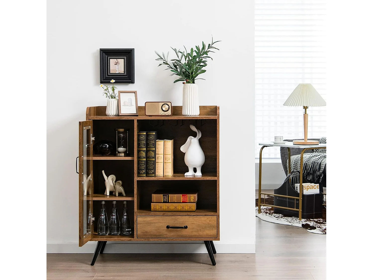 Buffet cuisine à porte vitrée avec tiroir 5 compartiments, 80x40x95cm, cuisine