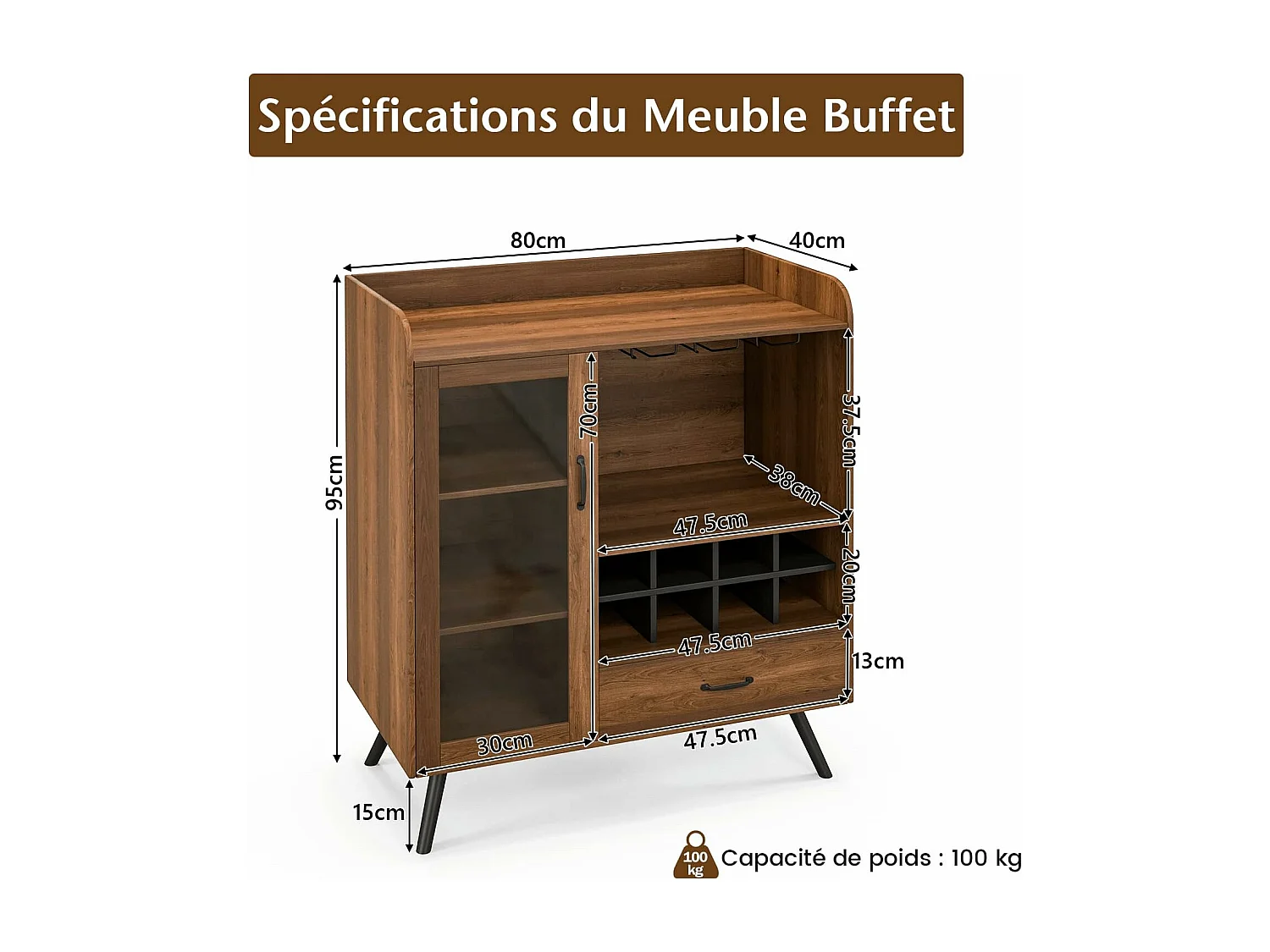 Buffet cuisine à porte vitrée avec tiroir 5 compartiments, 80x40x95cm, cuisine