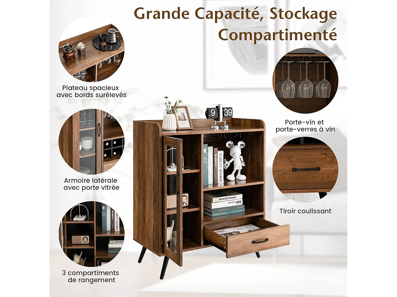 Buffet cuisine à porte vitrée avec tiroir 5 compartiments, 80x40x95cm, cuisine