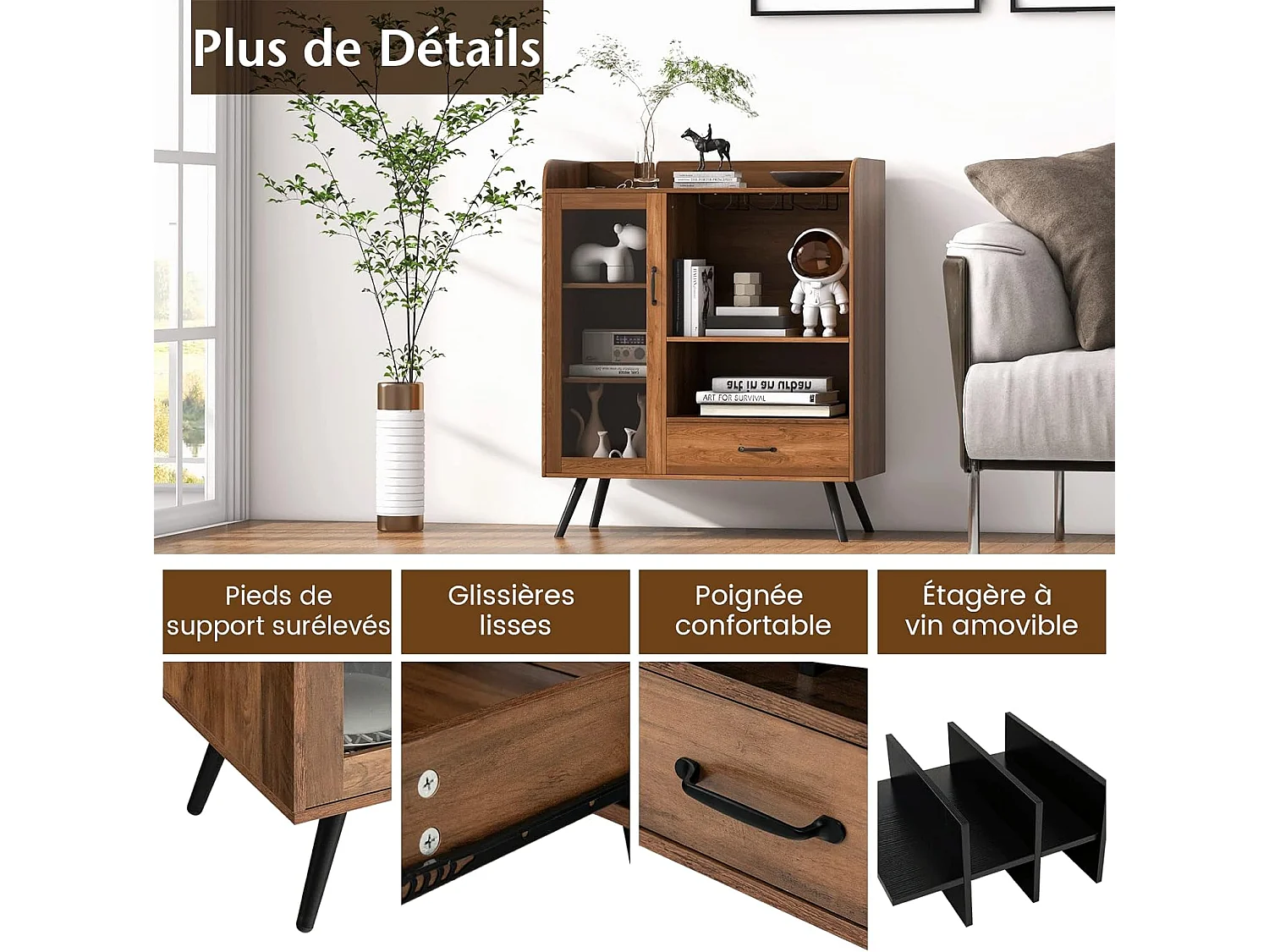 Buffet cuisine à porte vitrée avec tiroir 5 compartiments, 80x40x95cm, cuisine