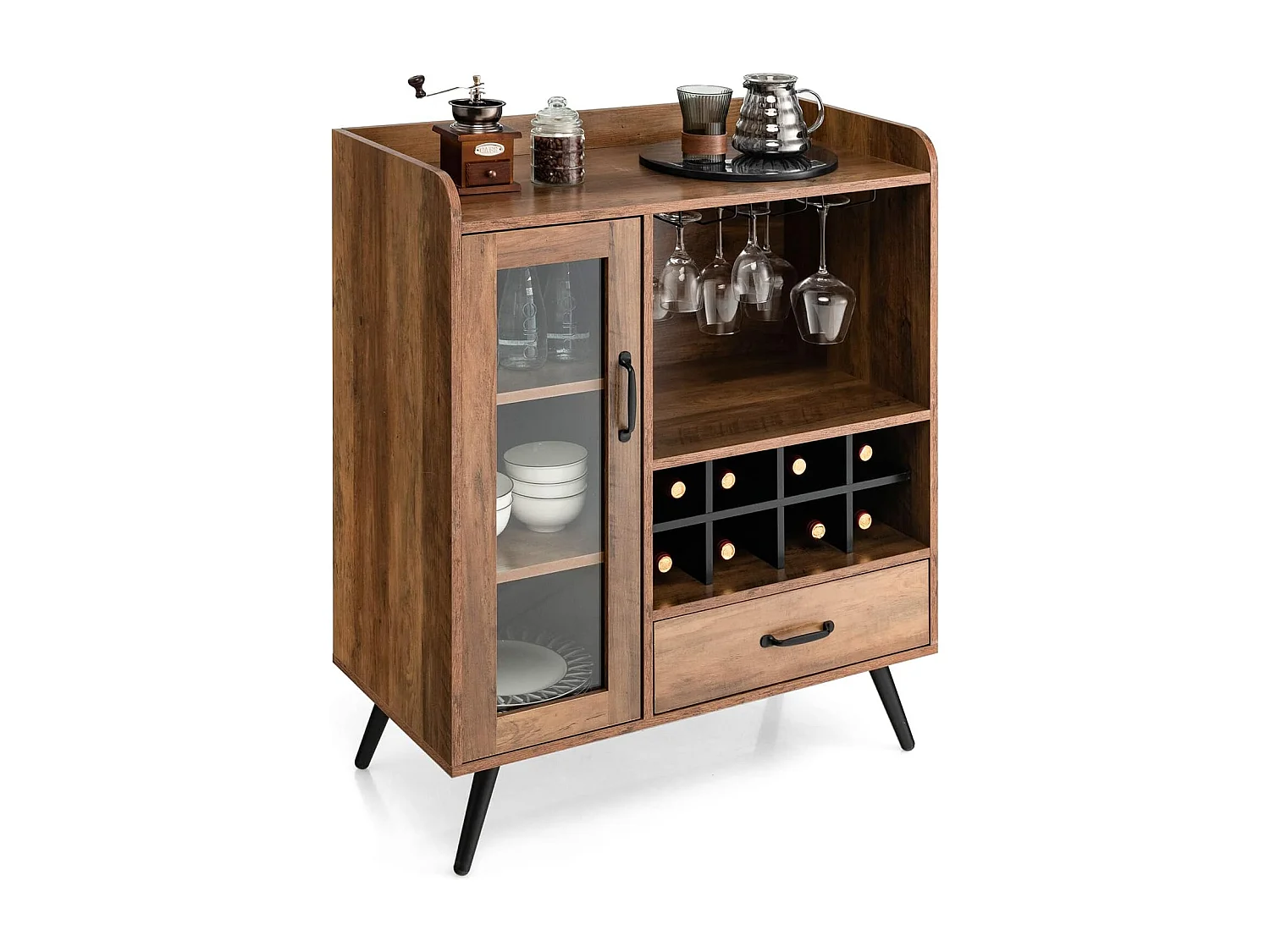 Buffet cuisine à porte vitrée avec tiroir 5 compartiments, 80x40x95cm, cuisine