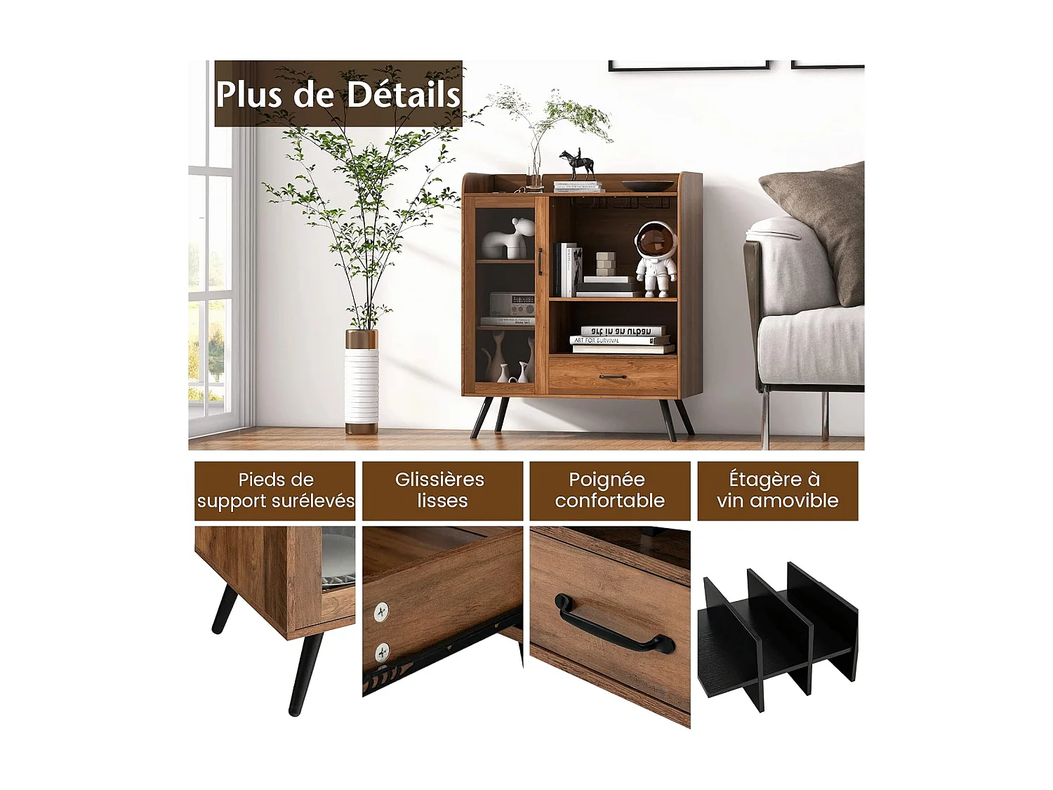 Buffet cuisine à porte vitrée avec tiroir 5 compartiments, 80x40x95cm, cuisine