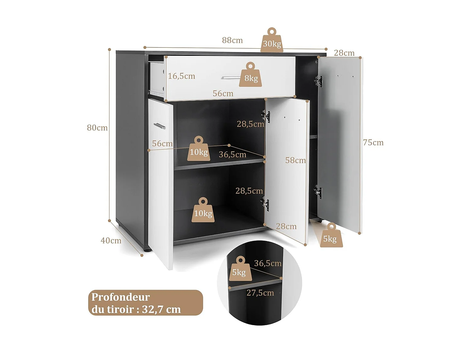 Buffet cuisine avec 2 placards, étagère réglable, grand tiroir, 88 x 40 x 80 cm