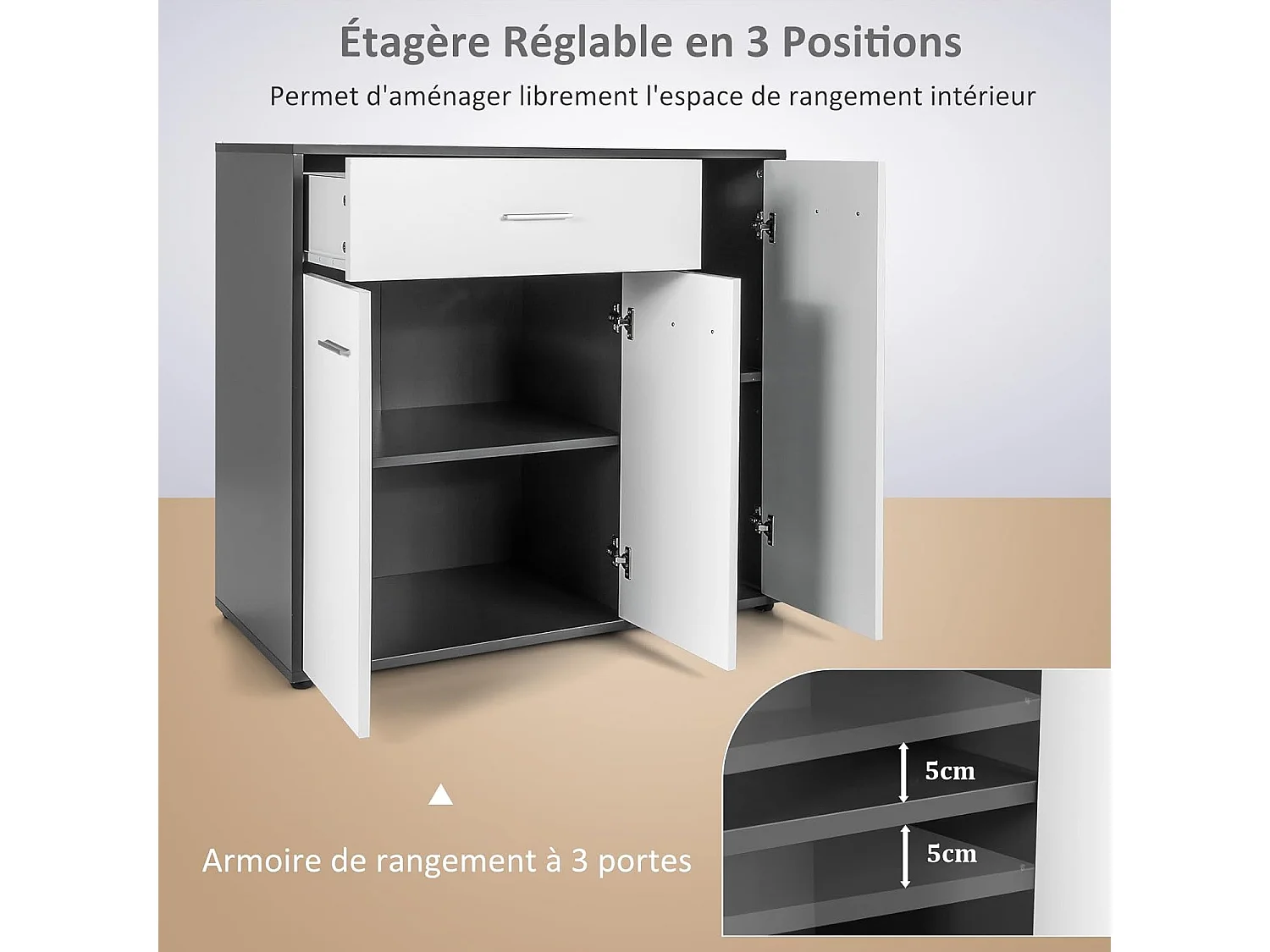 Buffet cuisine avec 2 placards, étagère réglable, grand tiroir, 88 x 40 x 80 cm