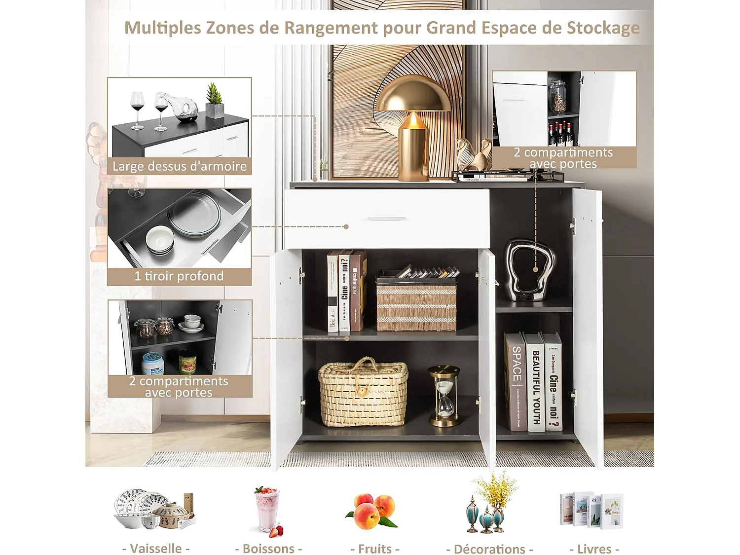 Buffet cuisine avec 2 placards, étagère réglable, grand tiroir, 88 x 40 x 80 cm