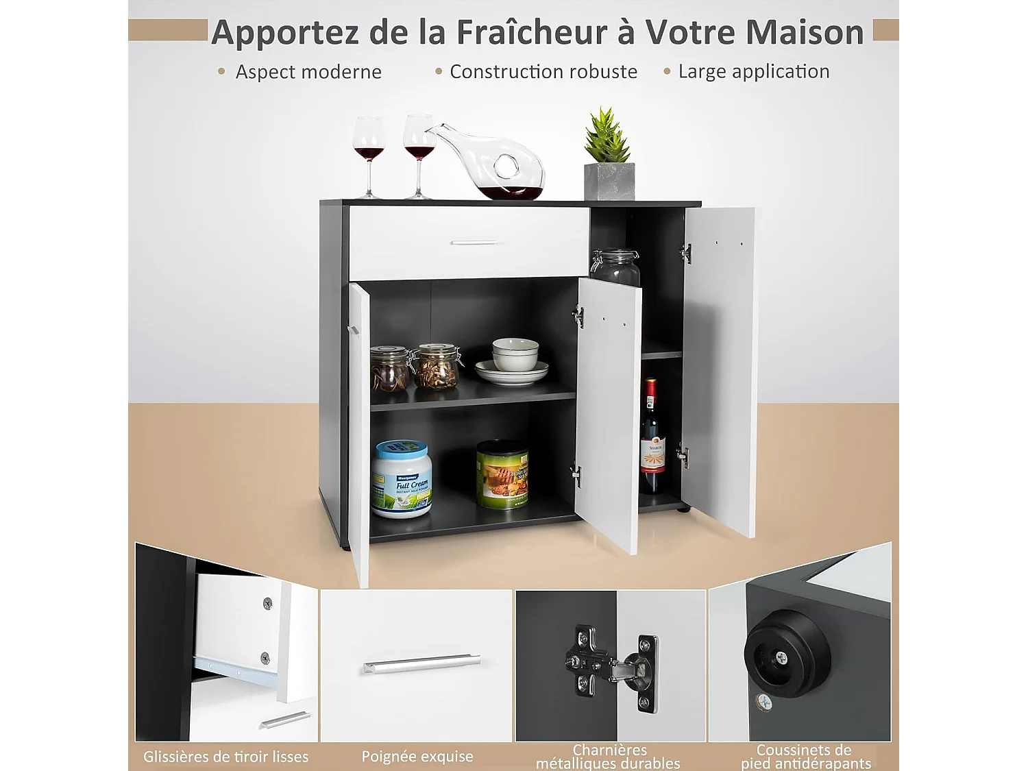 Buffet cuisine avec 2 placards, étagère réglable, grand tiroir, 88 x 40 x 80 cm