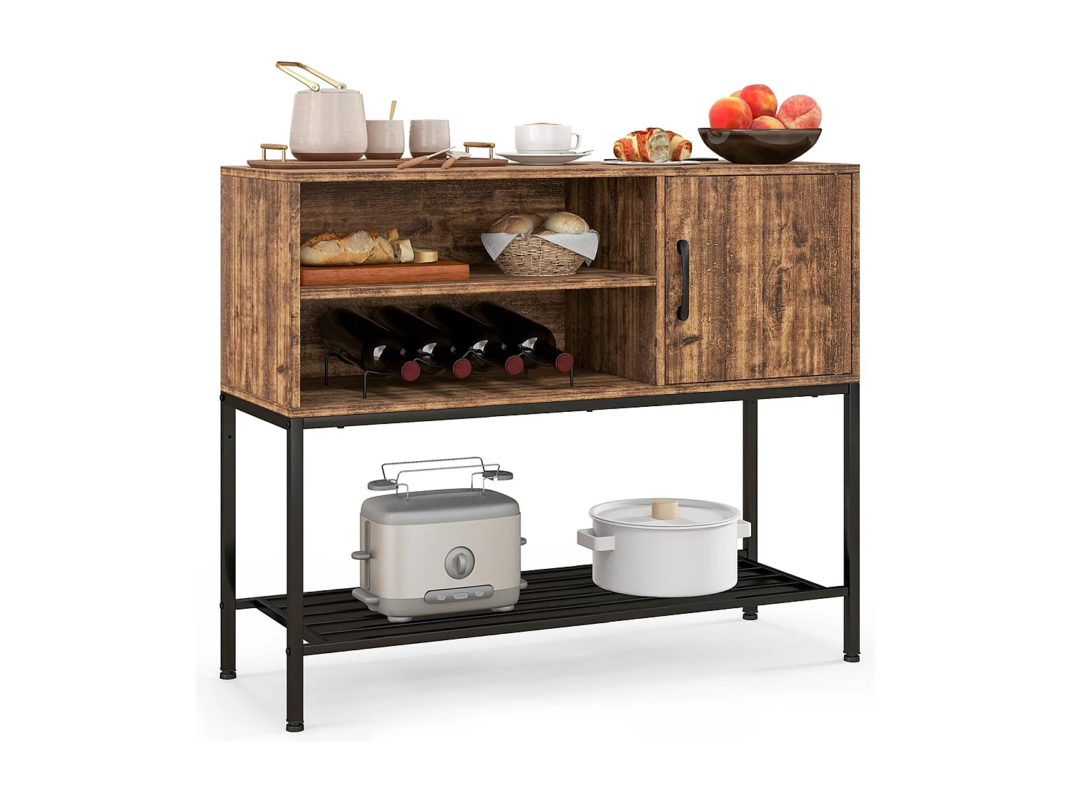 Buffet cuisine, meuble avec cassier à vin & étagères de rangement (brun rustique)