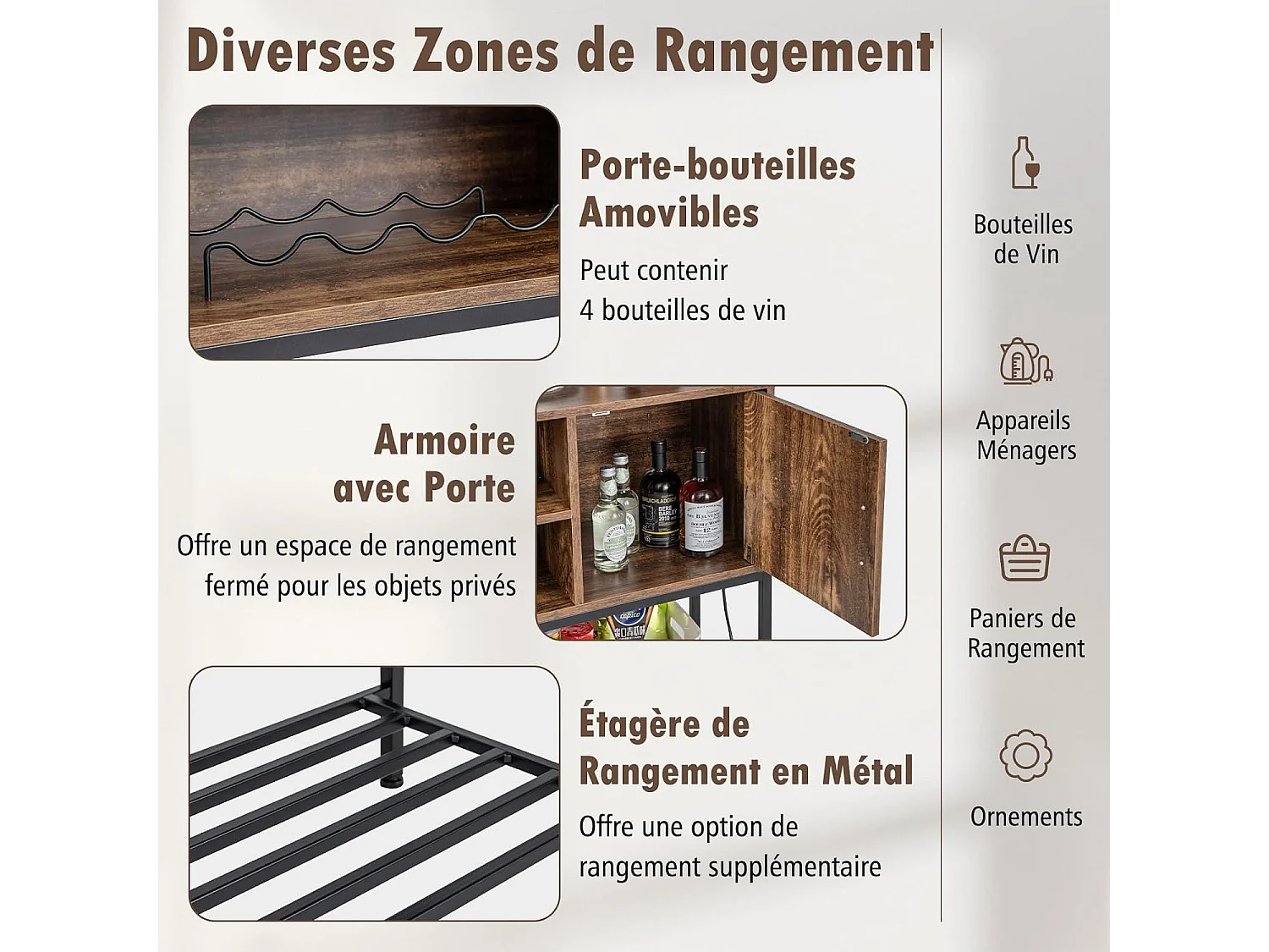 Buffet cuisine, meuble avec cassier à vin & étagères de rangement (brun rustique)