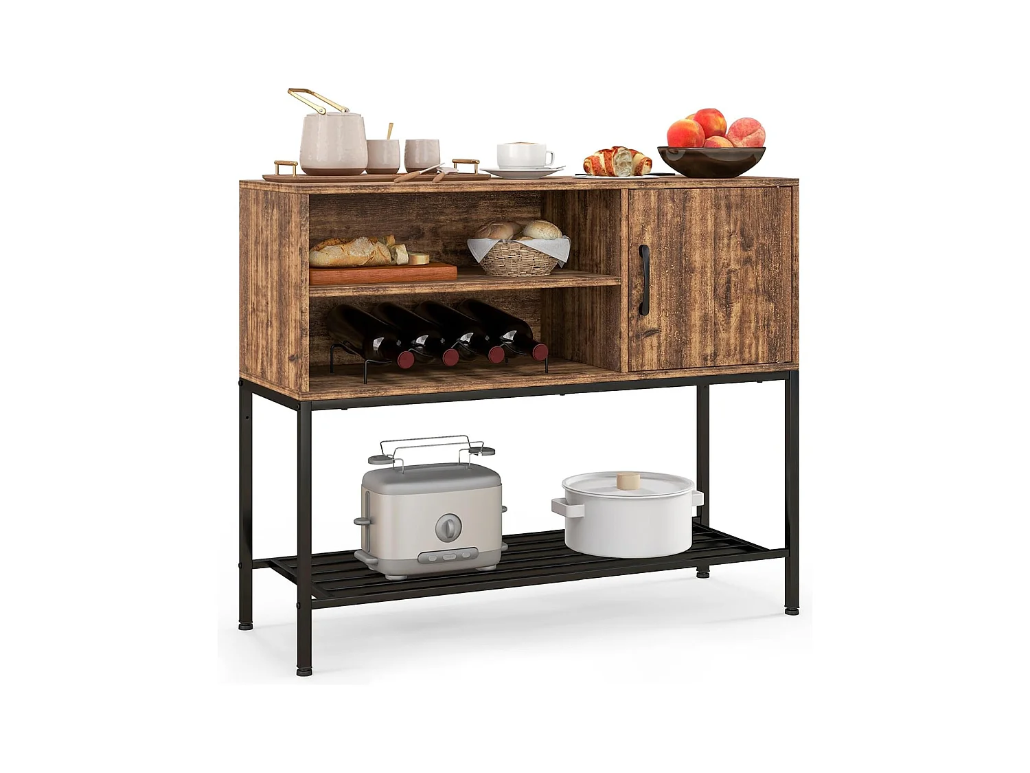 Buffet cuisine, meuble avec cassier à vin & étagères de rangement (brun rustique)