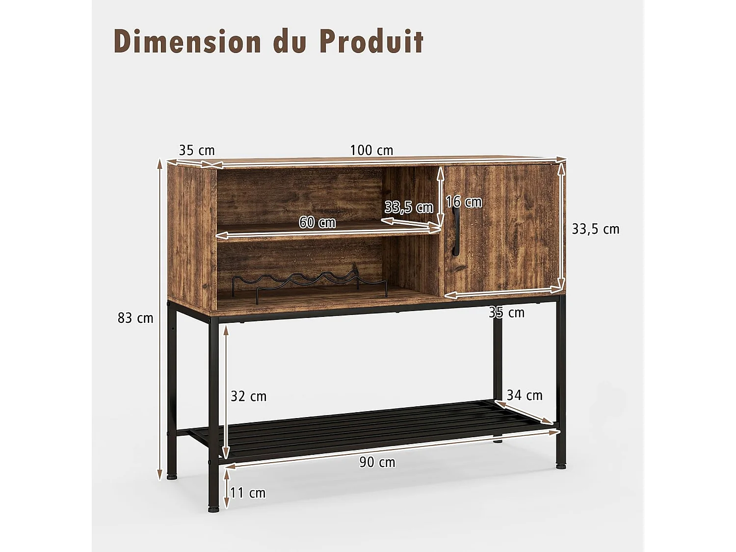 Buffet cuisine, meuble avec cassier à vin & étagères de rangement (brun rustique)