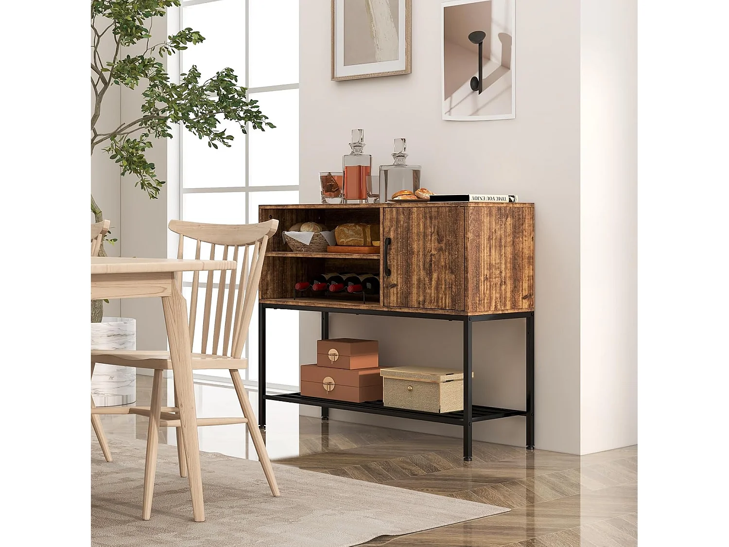 Buffet cuisine, meuble avec cassier à vin & étagères de rangement (brun rustique)