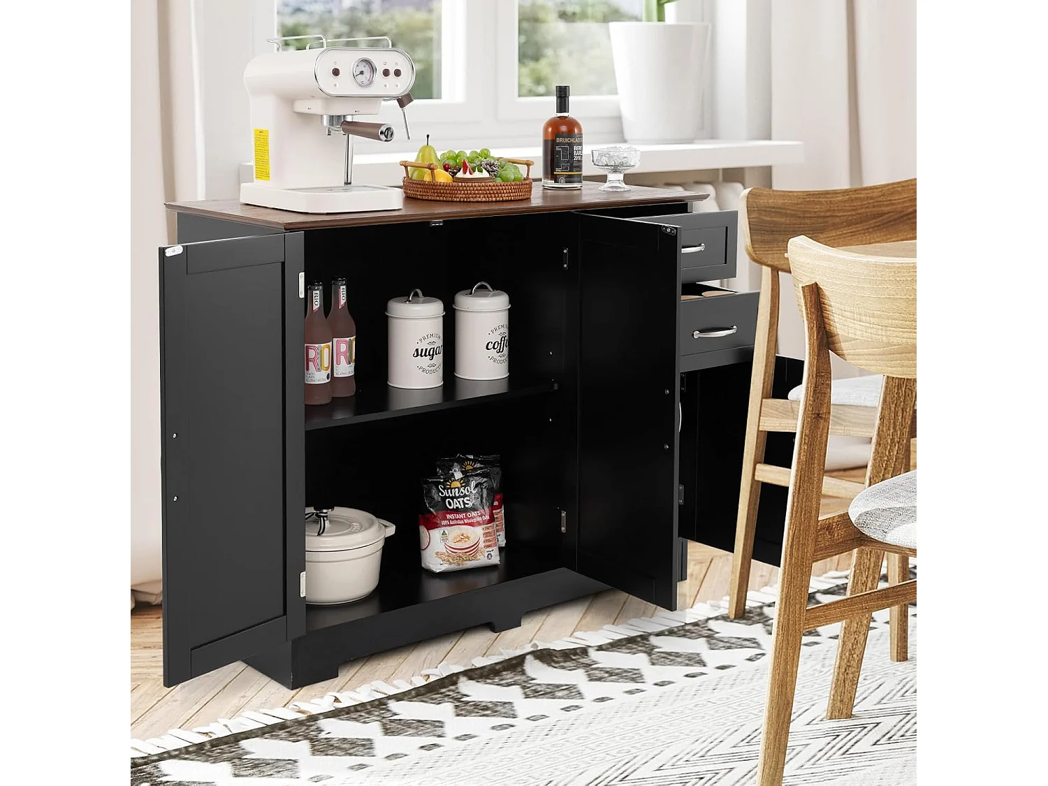 Buffet cuisine, armoire de cuisine 2 placards 2 tiroirs blanc, 100 x 40 x 78 cm (noir)