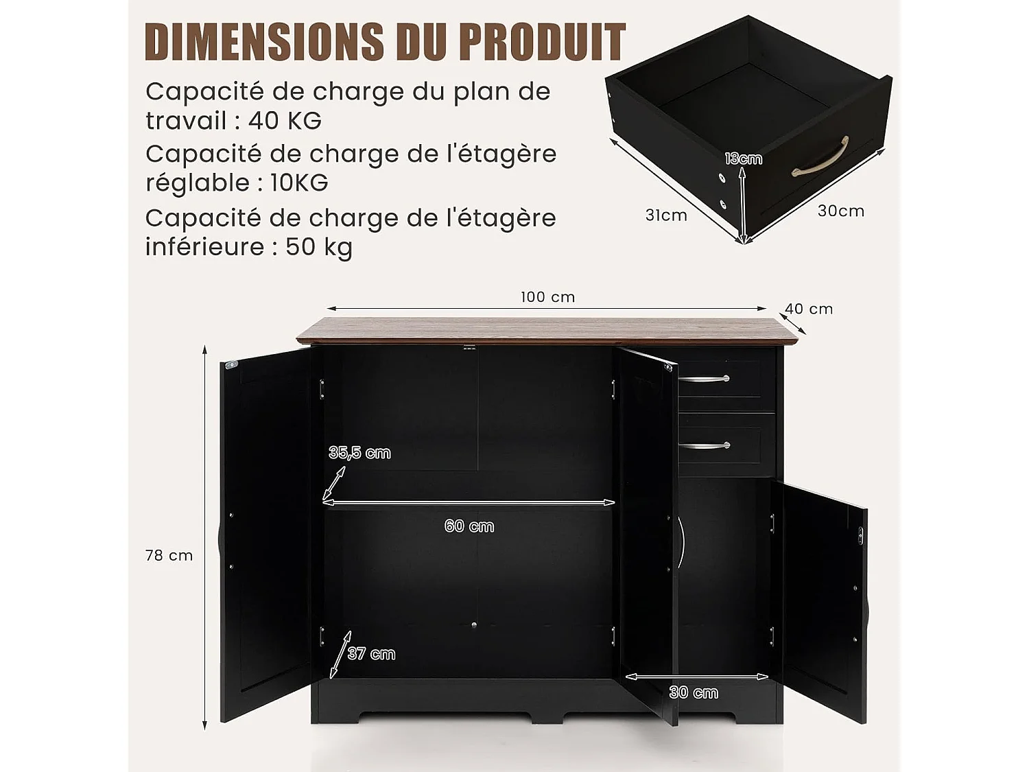 Buffet cuisine, armoire de cuisine 2 placards 2 tiroirs blanc, 100 x 40 x 78 cm (noir)