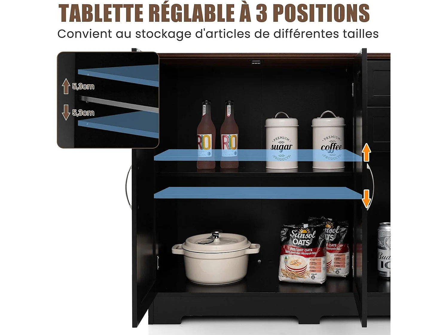 Buffet cuisine, armoire de cuisine 2 placards 2 tiroirs blanc, 100 x 40 x 78 cm (noir)