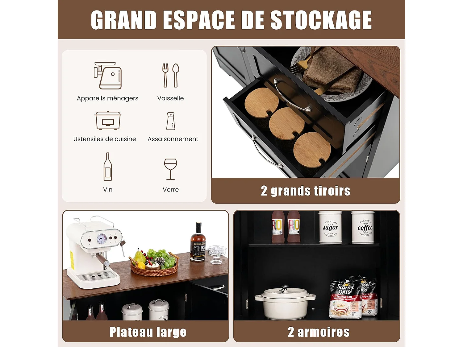 Buffet cuisine, armoire de cuisine 2 placards 2 tiroirs blanc, 100 x 40 x 78 cm (noir)