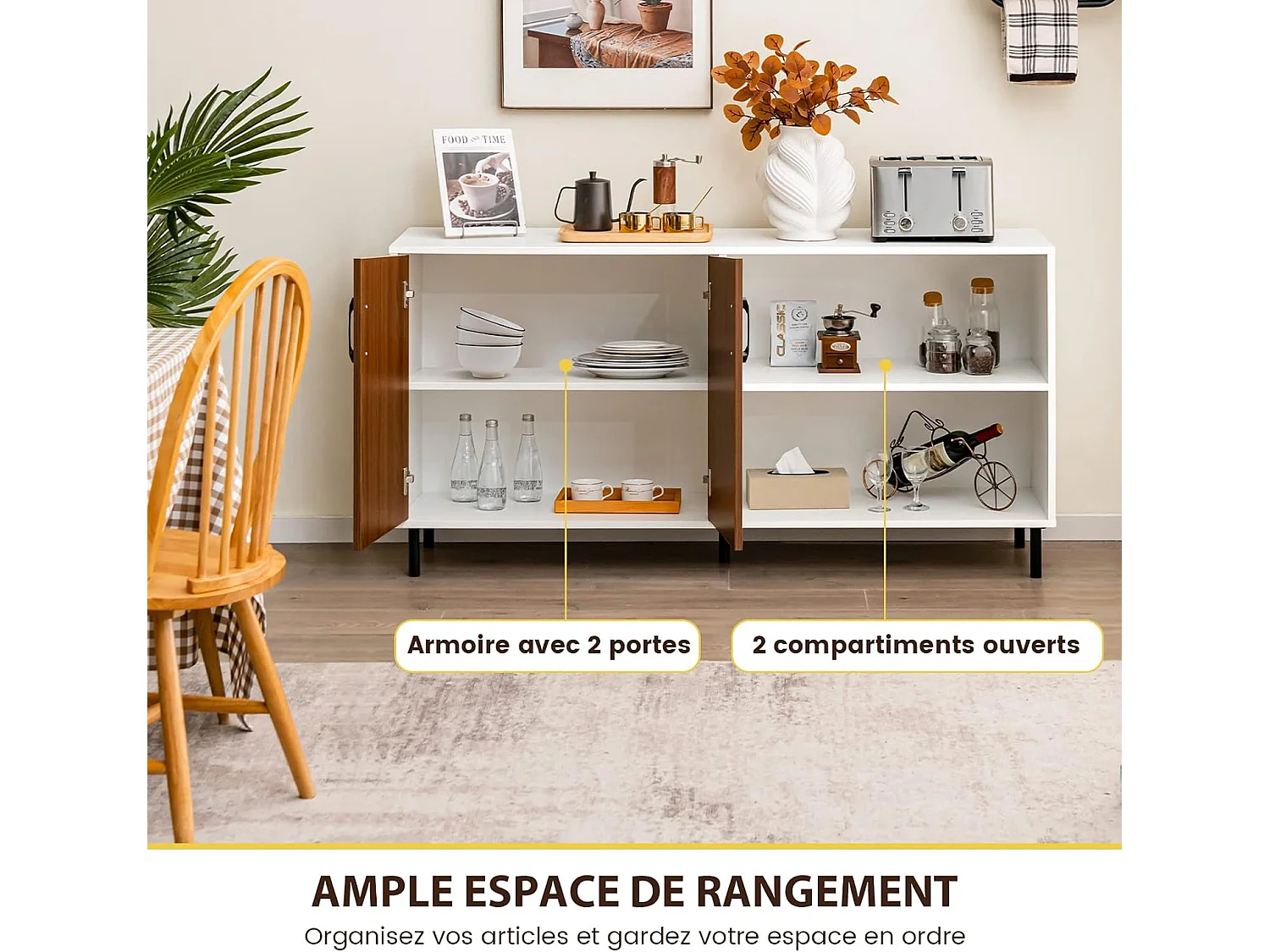 Buffet salon avec 2 portes et 2 compartiments, 4 pieds métalliques, 148 x 40 x 75 cm