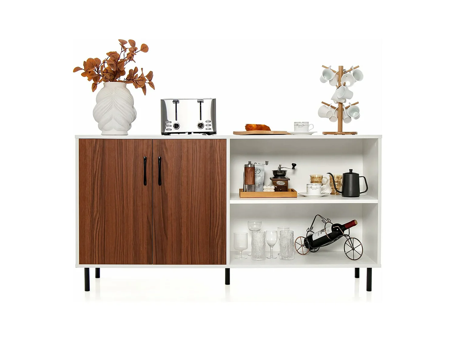 Buffet salon avec 2 portes et 2 compartiments, 4 pieds métalliques, 148 x 40 x 75 cm