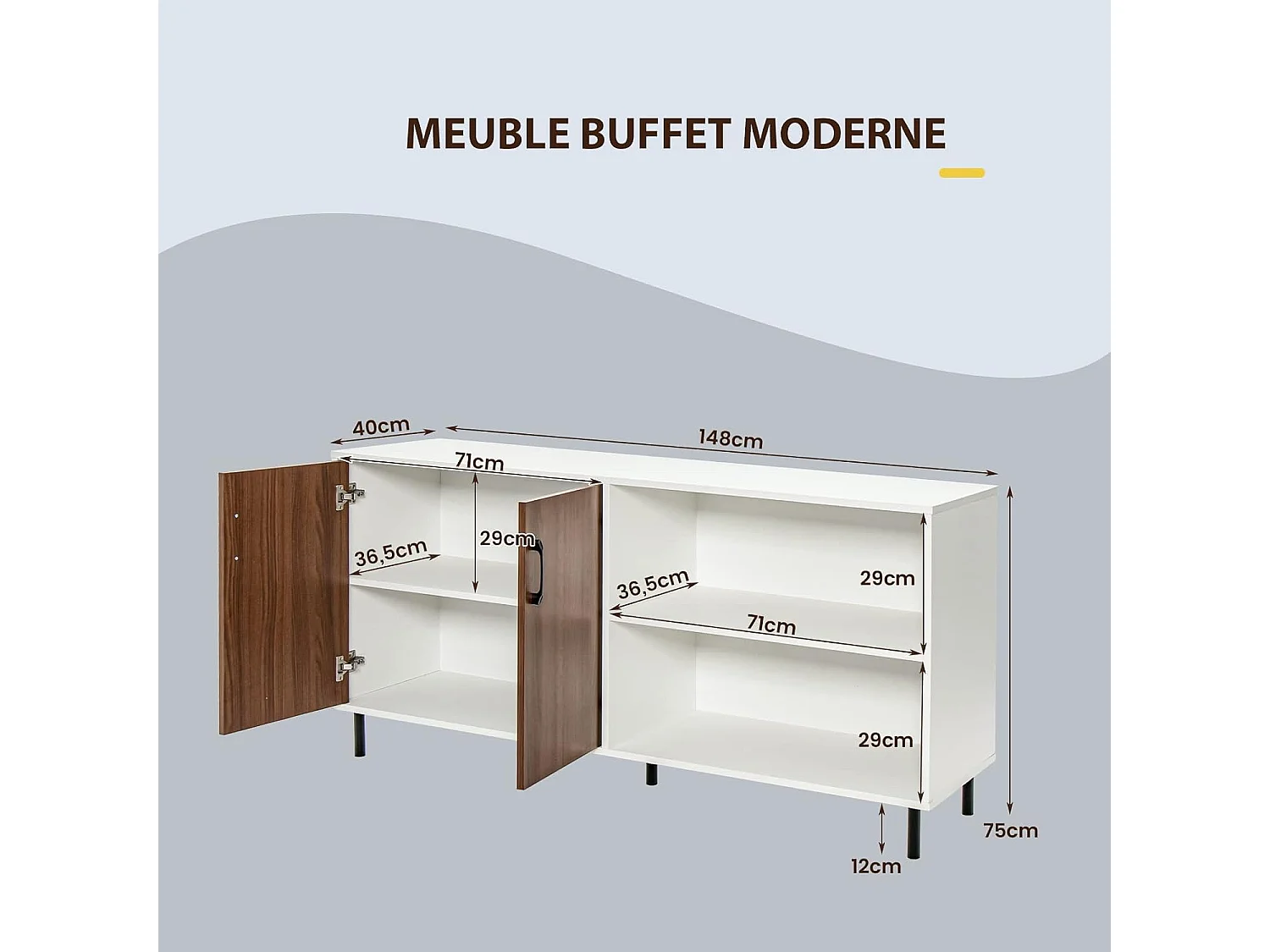 Buffet salon avec 2 portes et 2 compartiments, 4 pieds métalliques, 148 x 40 x 75 cm