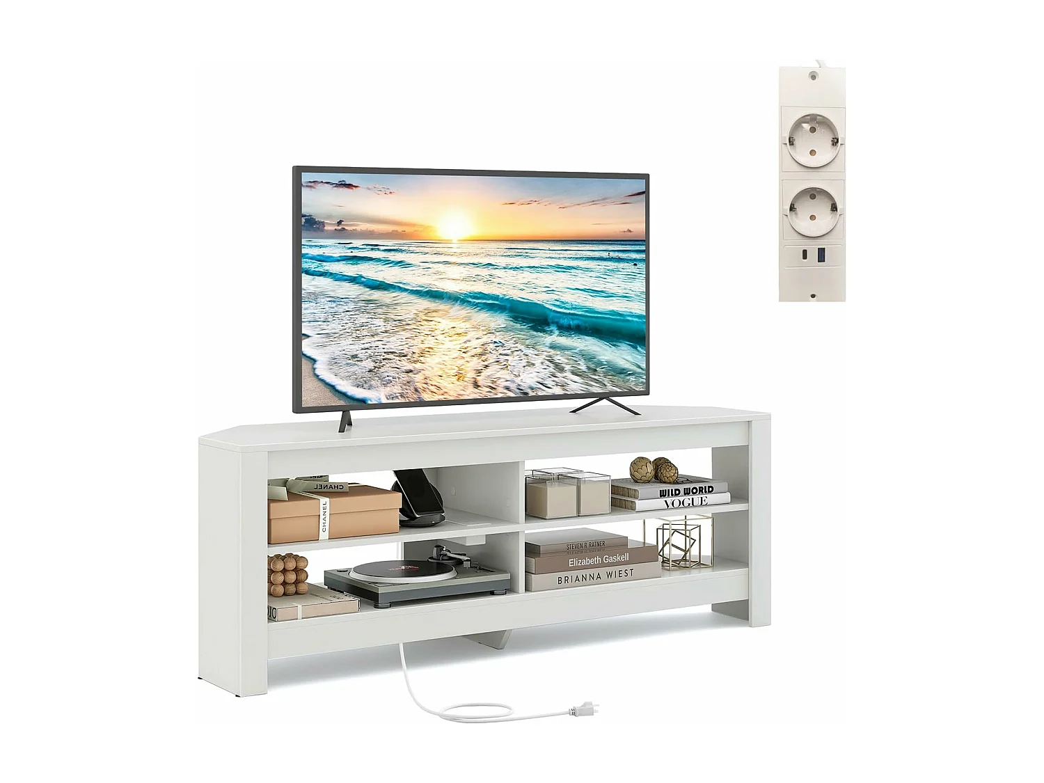 Meuble tv angle, avec prise, 2 prises, 2 usb, 1 type-c, petit meuble tv pour 65"