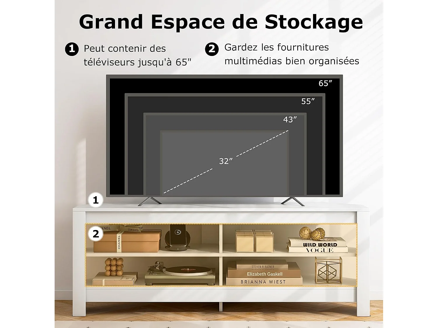 Meuble tv angle, avec prise, 2 prises, 2 usb, 1 type-c, petit meuble tv pour 65"
