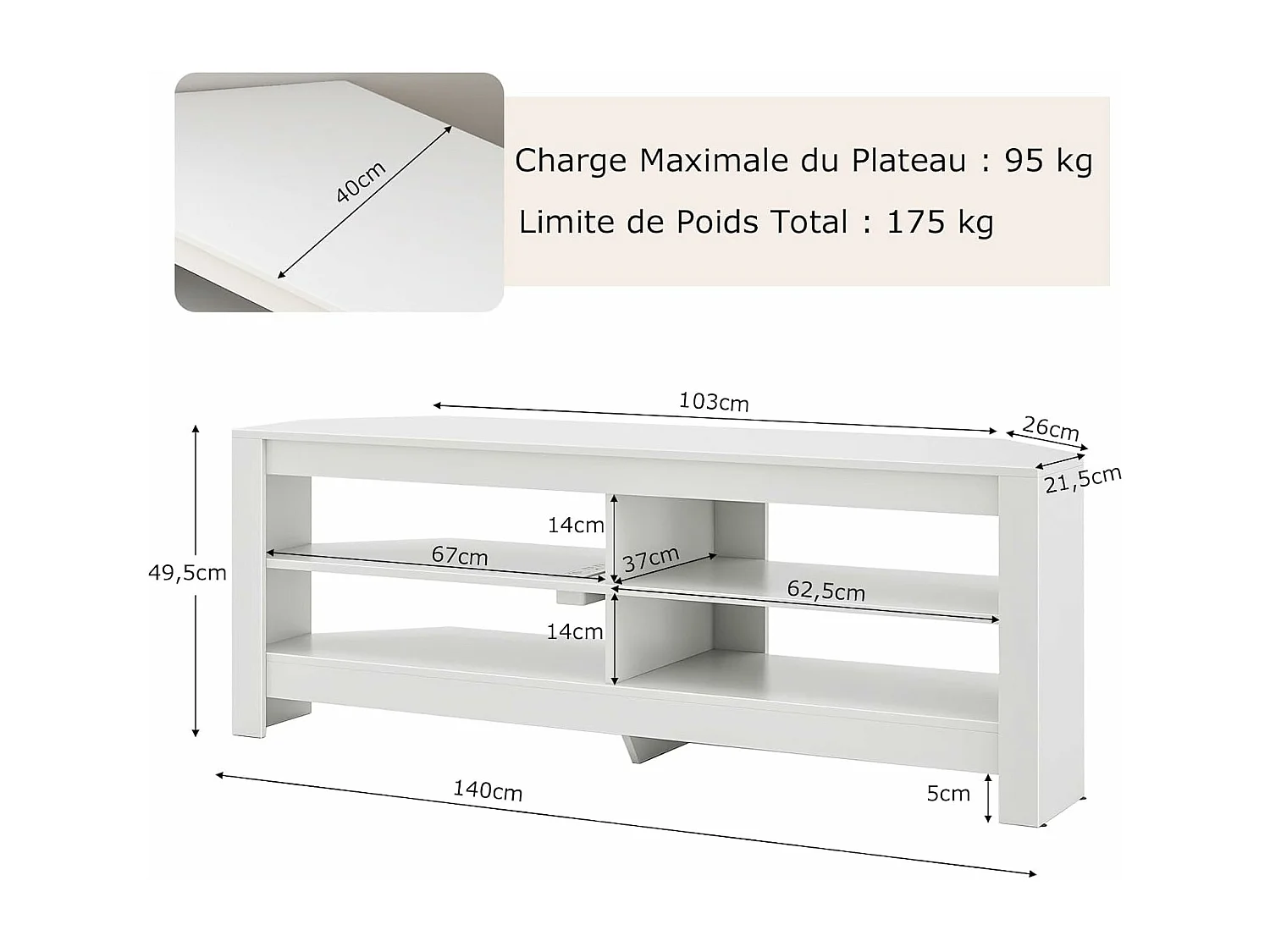 Meuble tv angle, avec prise, 2 prises, 2 usb, 1 type-c, petit meuble tv pour 65"