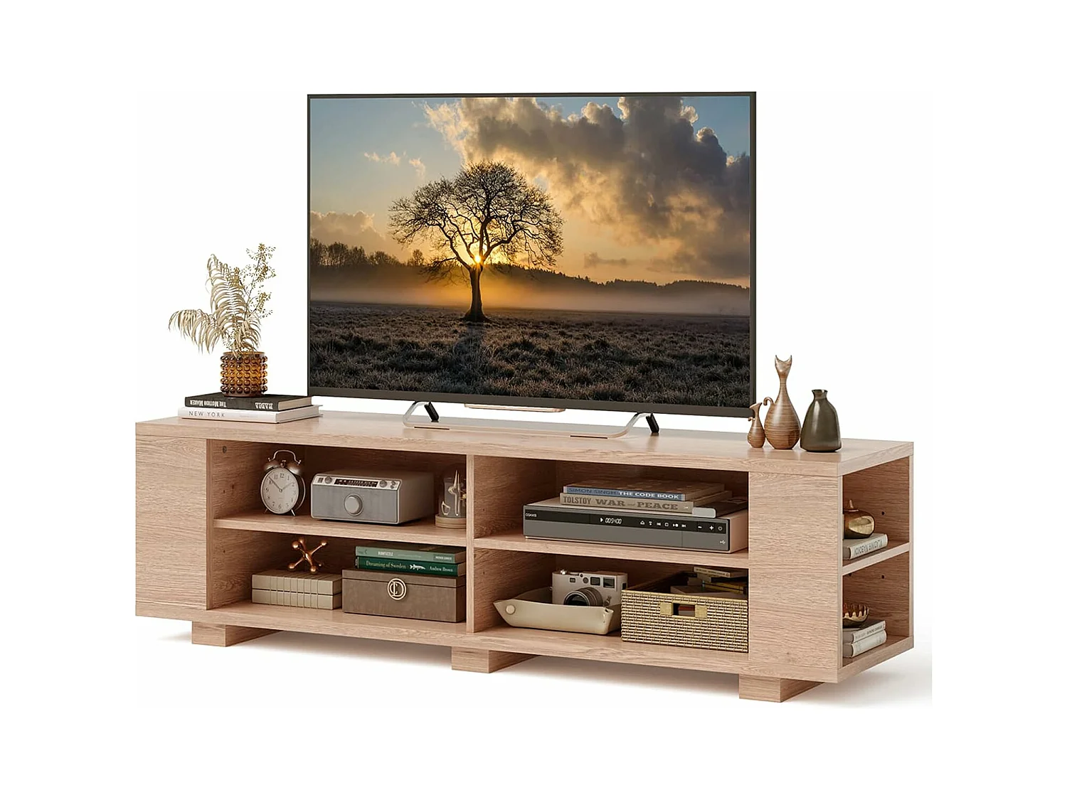Meuble tv avec 6 compartiments, pour tv jusqu'à 65 pouces,150 x 39 x 45 cm naturel