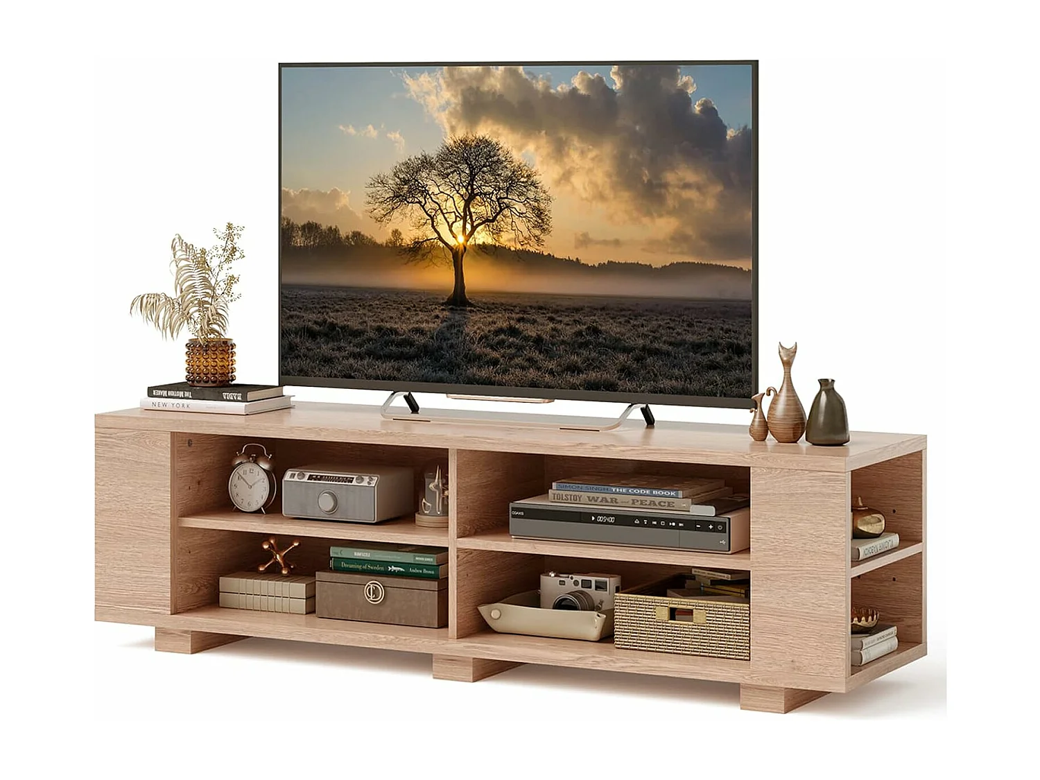 Meuble tv avec 6 compartiments, pour tv jusqu'à 65 pouces,150 x 39 x 45 cm naturel