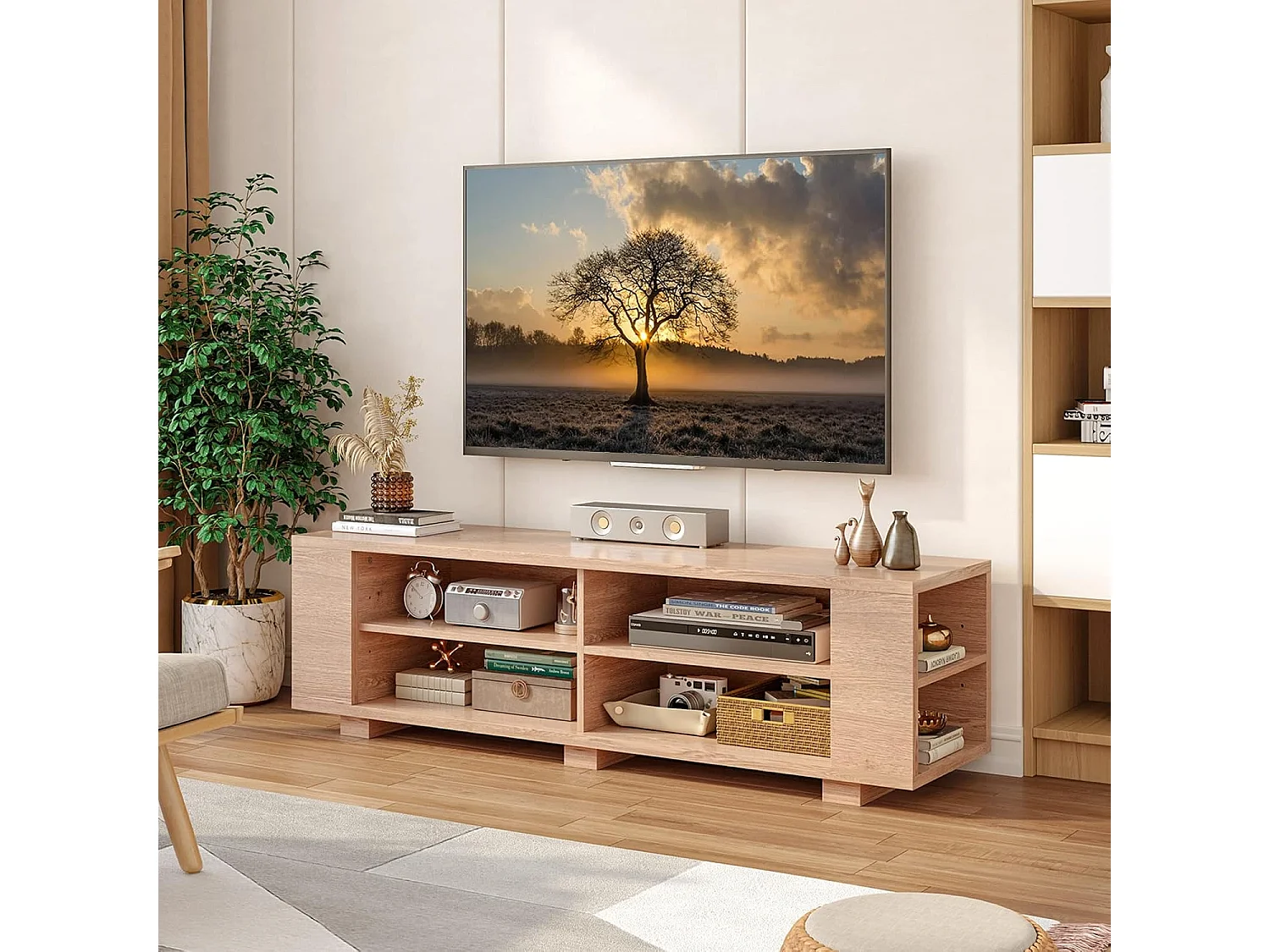 Meuble tv avec 6 compartiments, pour tv jusqu'à 65 pouces,150 x 39 x 45 cm naturel