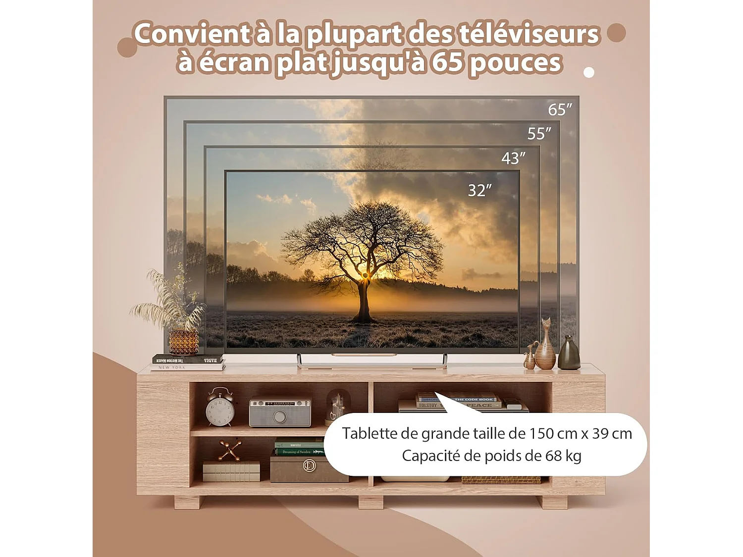 Meuble tv avec 6 compartiments, pour tv jusqu'à 65 pouces,150 x 39 x 45 cm naturel