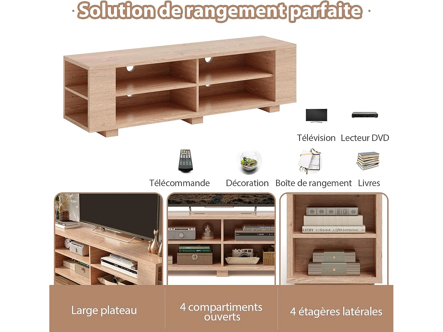 Meuble tv avec 6 compartiments, pour tv jusqu'à 65 pouces,150 x 39 x 45 cm naturel