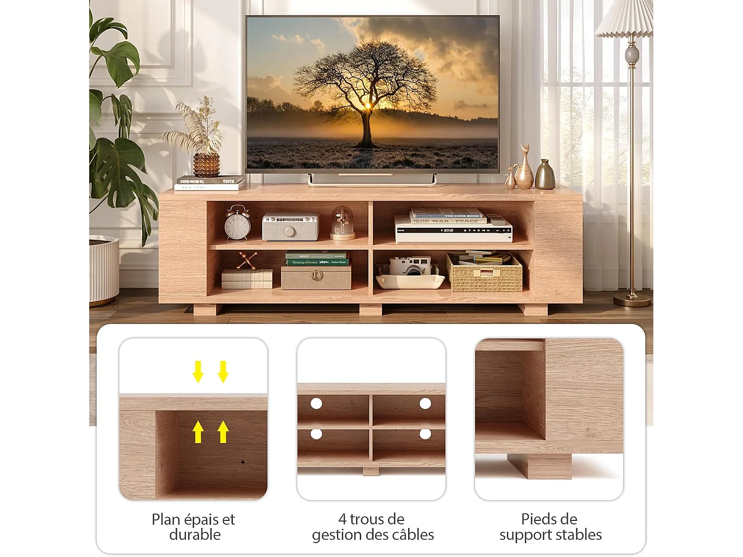 Meuble tv avec 6 compartiments, pour tv jusqu'à 65 pouces,150 x 39 x 45 cm naturel
