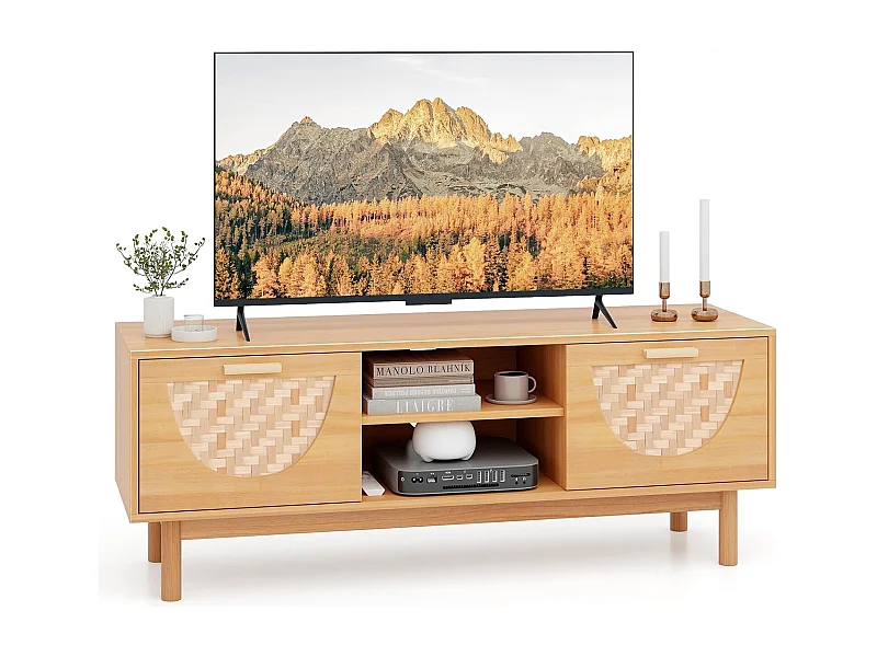 Meuble tv en bois, 2 tiroirs, 2 etagères, 2 passe-câbles, 55" au max, 120 x 35 x 45,5 cm