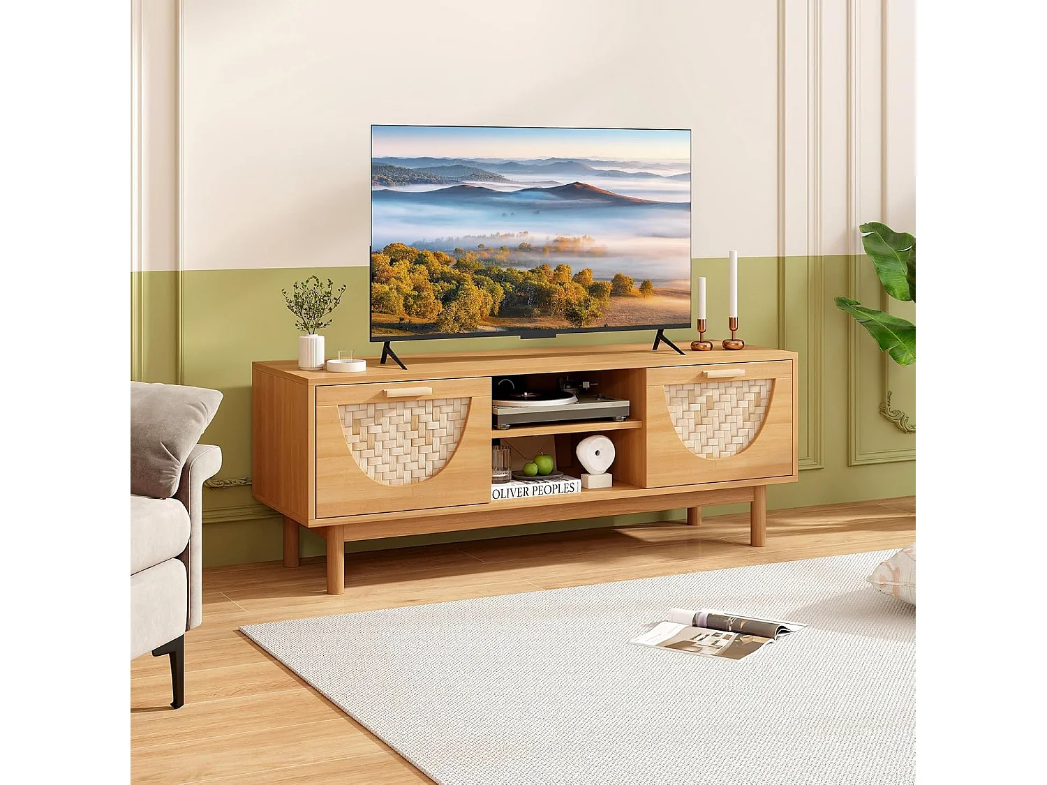 Meuble tv en bois, 2 tiroirs, 2 etagères, 2 passe-câbles, 55" au max, 120 x 35 x 45,5 cm