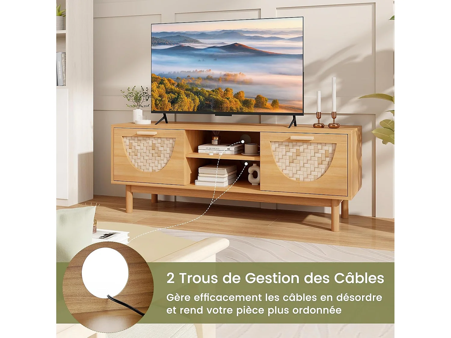 Meuble tv en bois, 2 tiroirs, 2 etagères, 2 passe-câbles, 55" au max, 120 x 35 x 45,5 cm