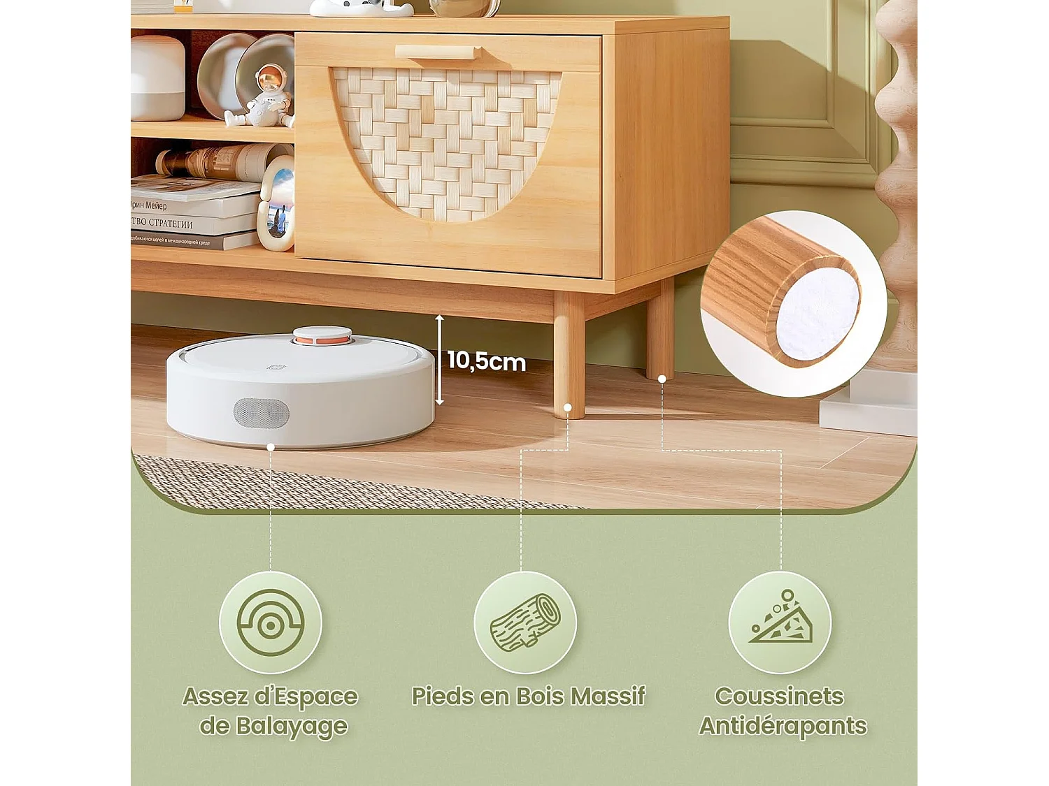 Meuble tv en bois, 2 tiroirs, 2 etagères, 2 passe-câbles, 55" au max, 120 x 35 x 45,5 cm