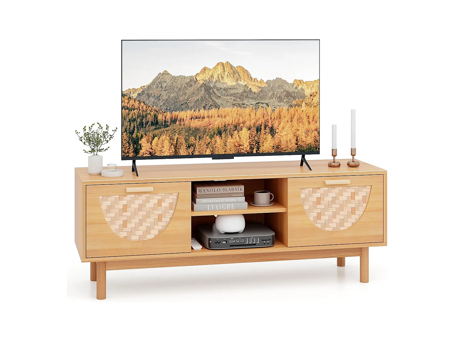 Meuble tv en bois, 2 tiroirs, 2 etagères, 2 passe-câbles, 55" au max, 120 x 35 x 45,5 cm