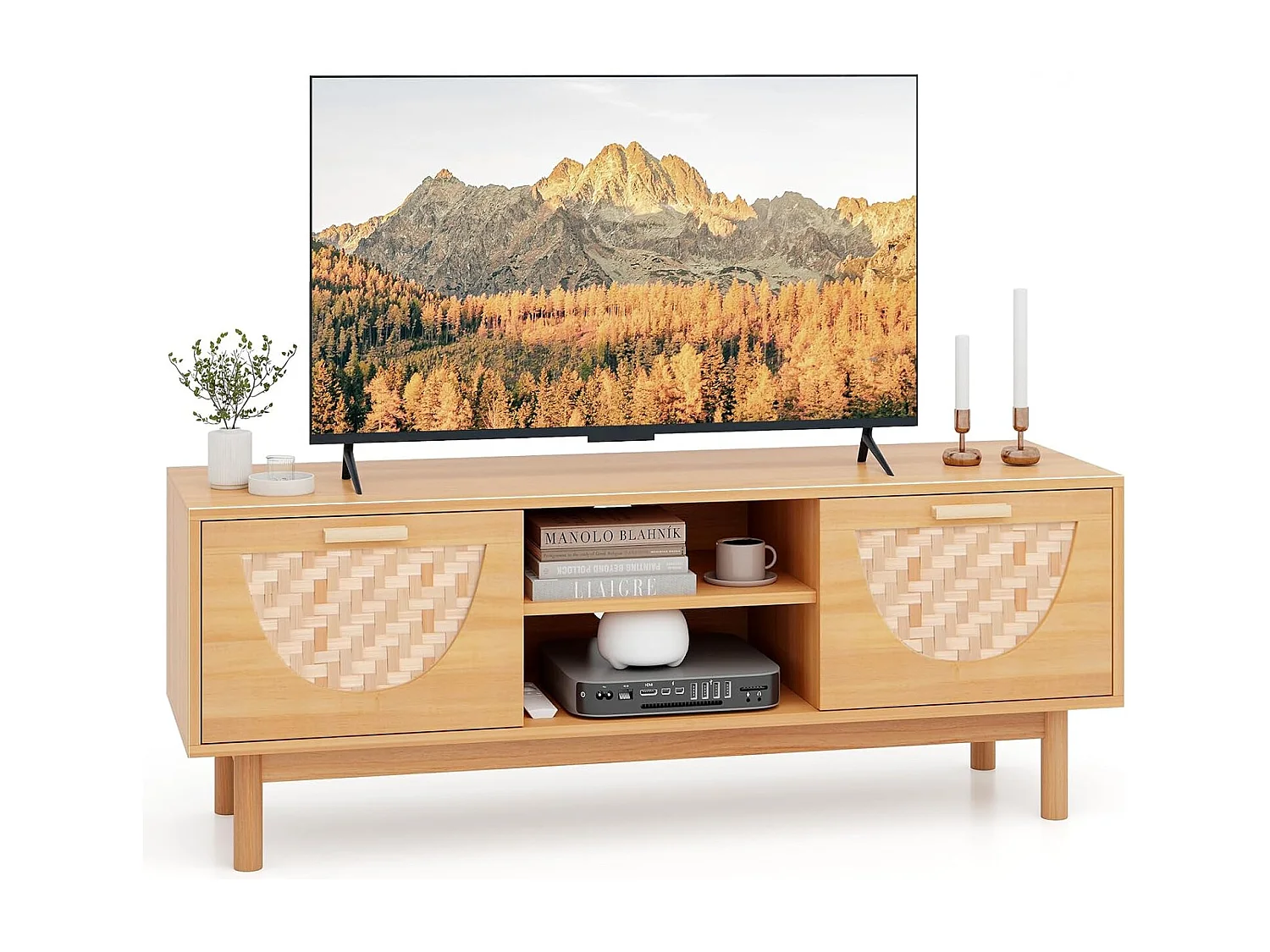 Meuble tv en bois, 2 tiroirs, 2 etagères, 2 passe-câbles, 55" au max, 120 x 35 x 45,5 cm