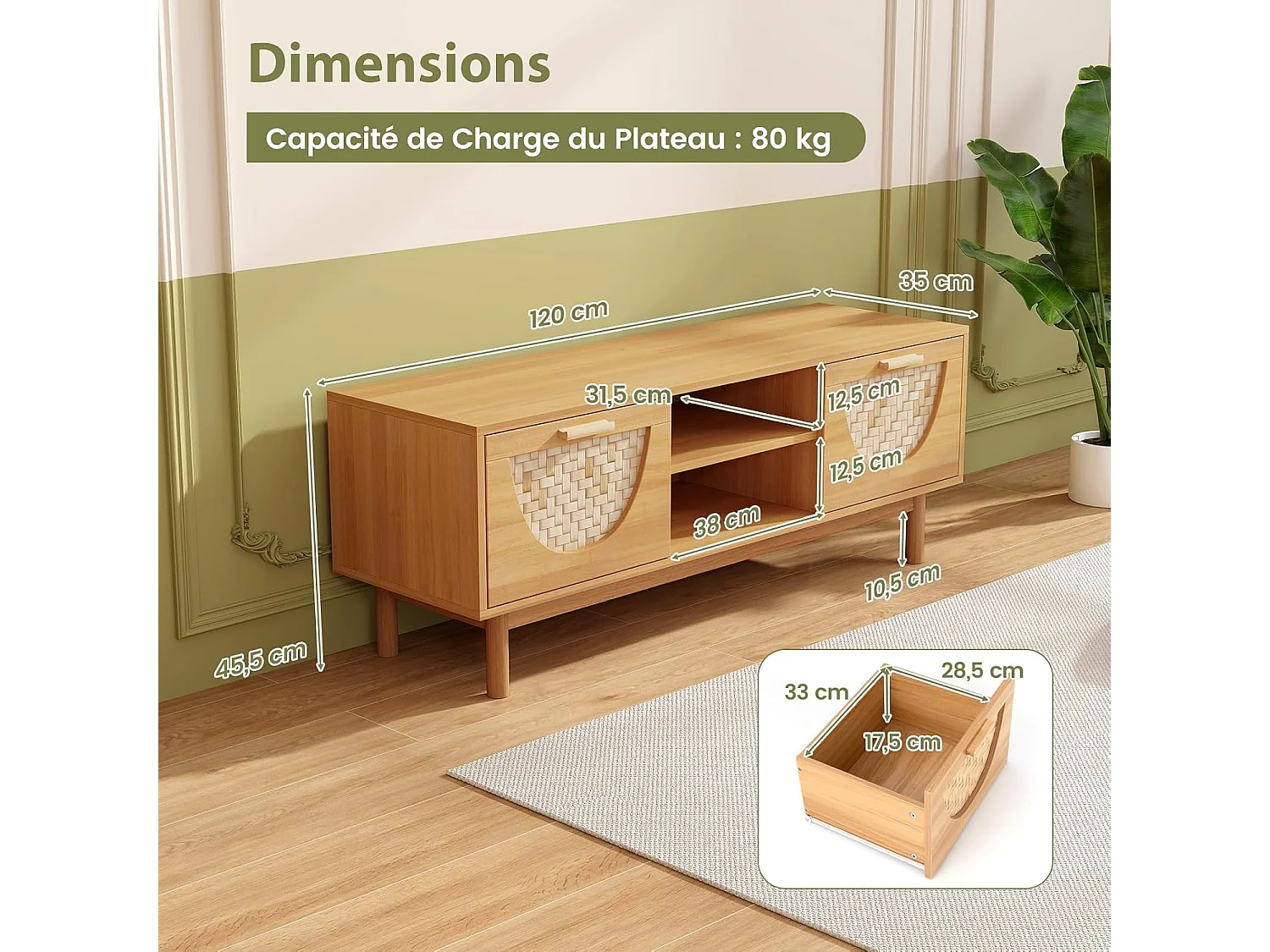 Meuble tv en bois, 2 tiroirs, 2 etagères, 2 passe-câbles, 55" au max, 120 x 35 x 45,5 cm